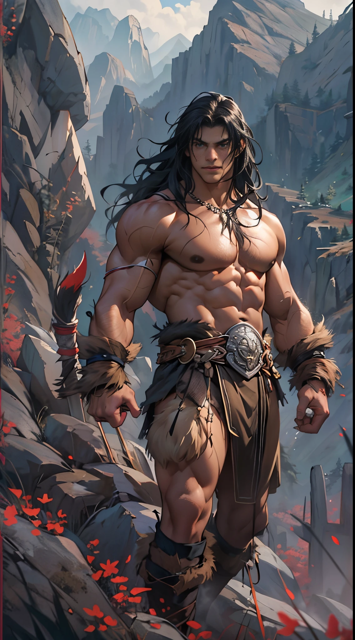 Muscular barbarian, upper body unclothed, legs uncovered from thighs to feet, strait black hair, detailed muscular physique, lifelike representation, 4K resolution. Background: Wild untamed wilderness with rugged mountains,32k uhd, best quality, masterpiece, super detail, high details, Conan the Barbarian