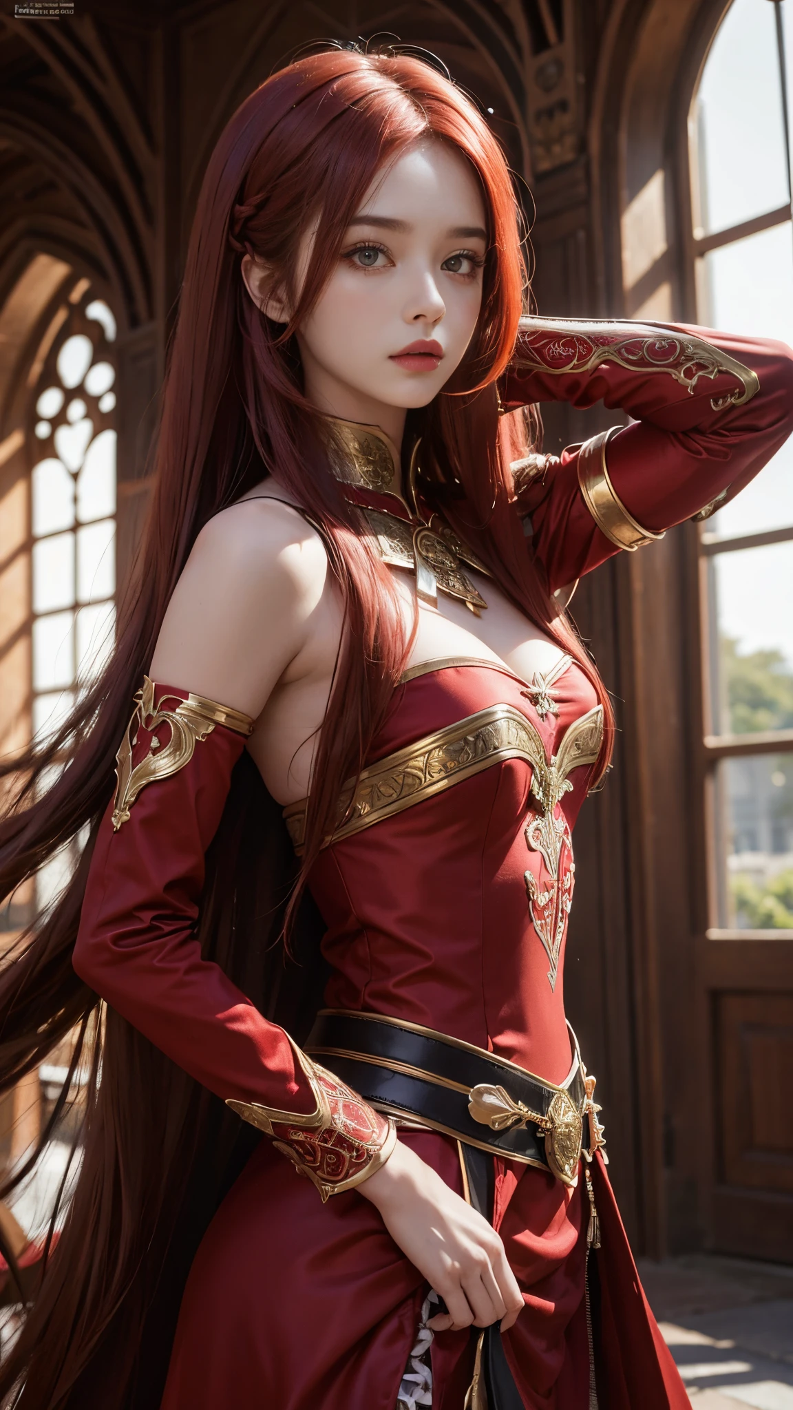 model shoot, (1 girl), long hair, red hair, Islamic warrior, red outfit, laces, shining:1.5, hyper realistic, super detailed, Dynamic shot, masterpiece, scene sharp détails, perfect eyes, perfect skin, perfect hands, attractive poses,