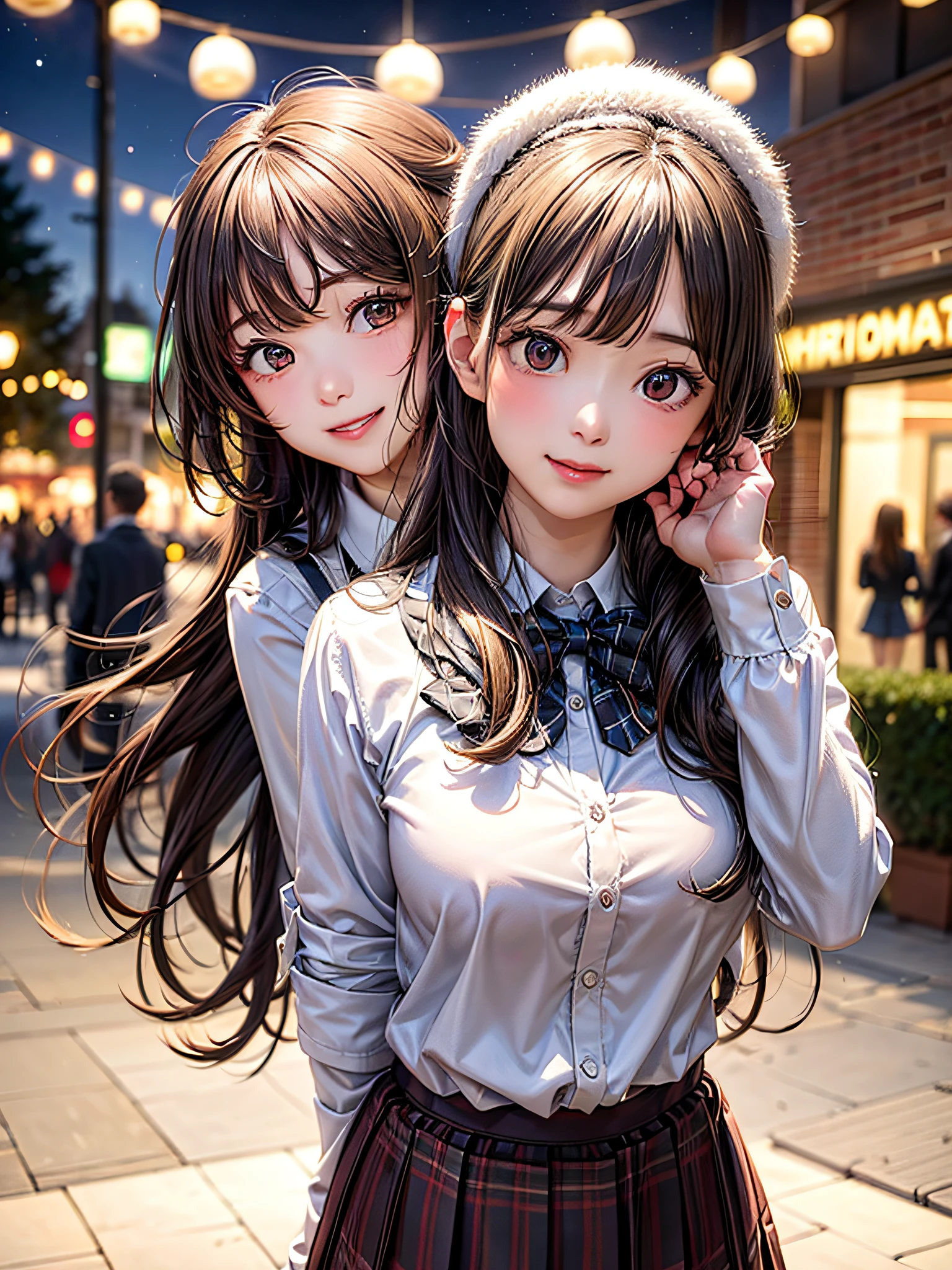 (2girls:1.4), Extremely cute, amazing face and eyes beautiful nice smile), (extremely detailed beautiful face), bright and shiny lips, (School uniform, Pleated skirt:1.3), (Best Quality:1.4), (hyper quality), (Ultra-detailed), (Hyper-realistic, Photorealsitic:1.37), Authentic skin texture, intricate-detail, extremely detailed CG unified 8k wallpaper, RAW Photos, professional photograpy, Cinematic lighting, Exposing, Christmas tree, Christmas Ornaments, Christmas Decorations, Christmas Lights, Christmas Lights,