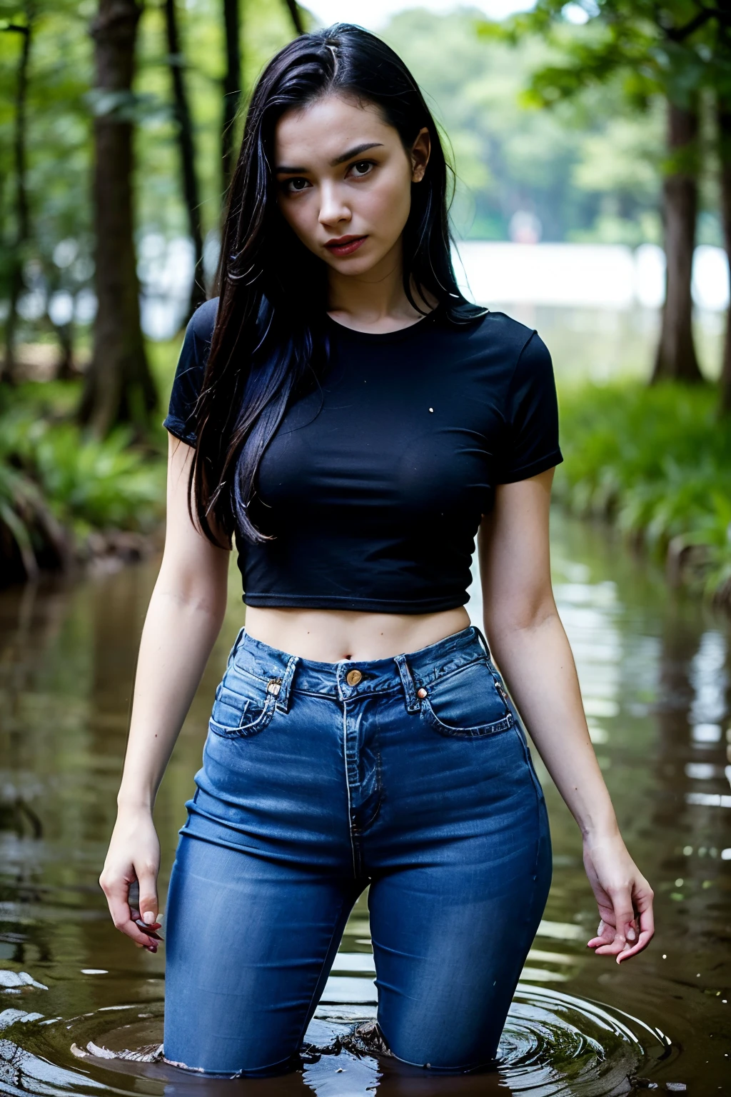 "Polina, Dressed in high-waisted jeans, stood in a dark swamp, Drowning in darkness. Polina had a sexual fetish for the swamp, And now her shameful weakness has been revealed. Polina'the face expresses confusion and despair, And she's trying to hide, but can't get out of the mud."
