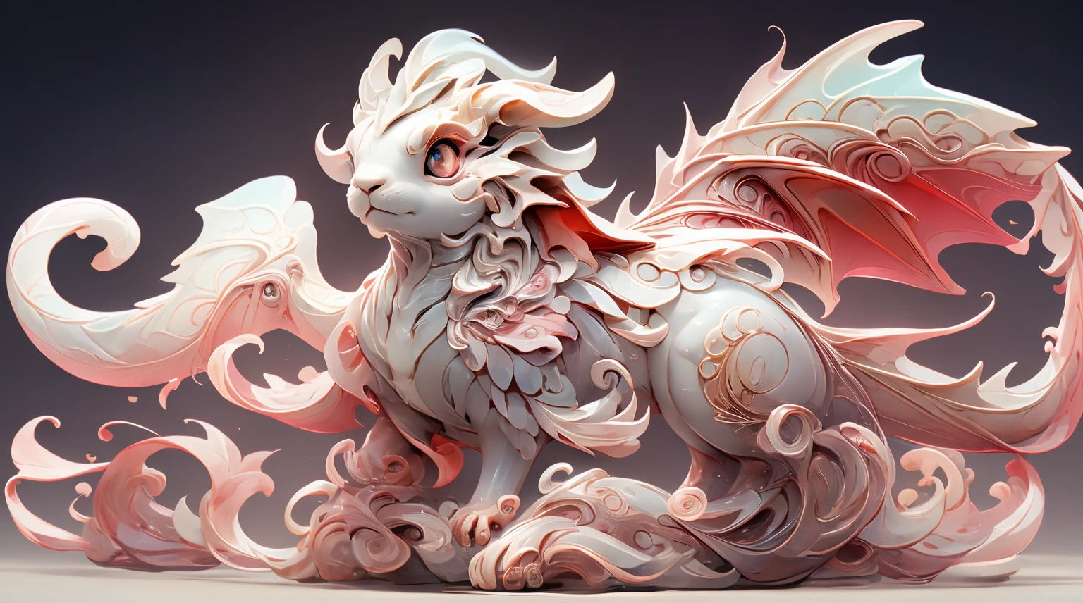 The shape of a dragon,The background was clean,dream color,Transparent statue,flower eyes,The white,red eyes,The eyes are clear,tmasterpiece,(Best quality at best:1.3),A rabbit,Full body lesbian,8K Ultra Clear