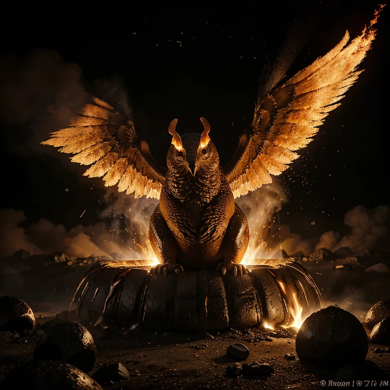 Fait moi une image d’un monstre qui est en pierre fondue avec le corp en feu des ailes en magma qui brûle tout sur son chemin en laissant des étincelles derrière lui