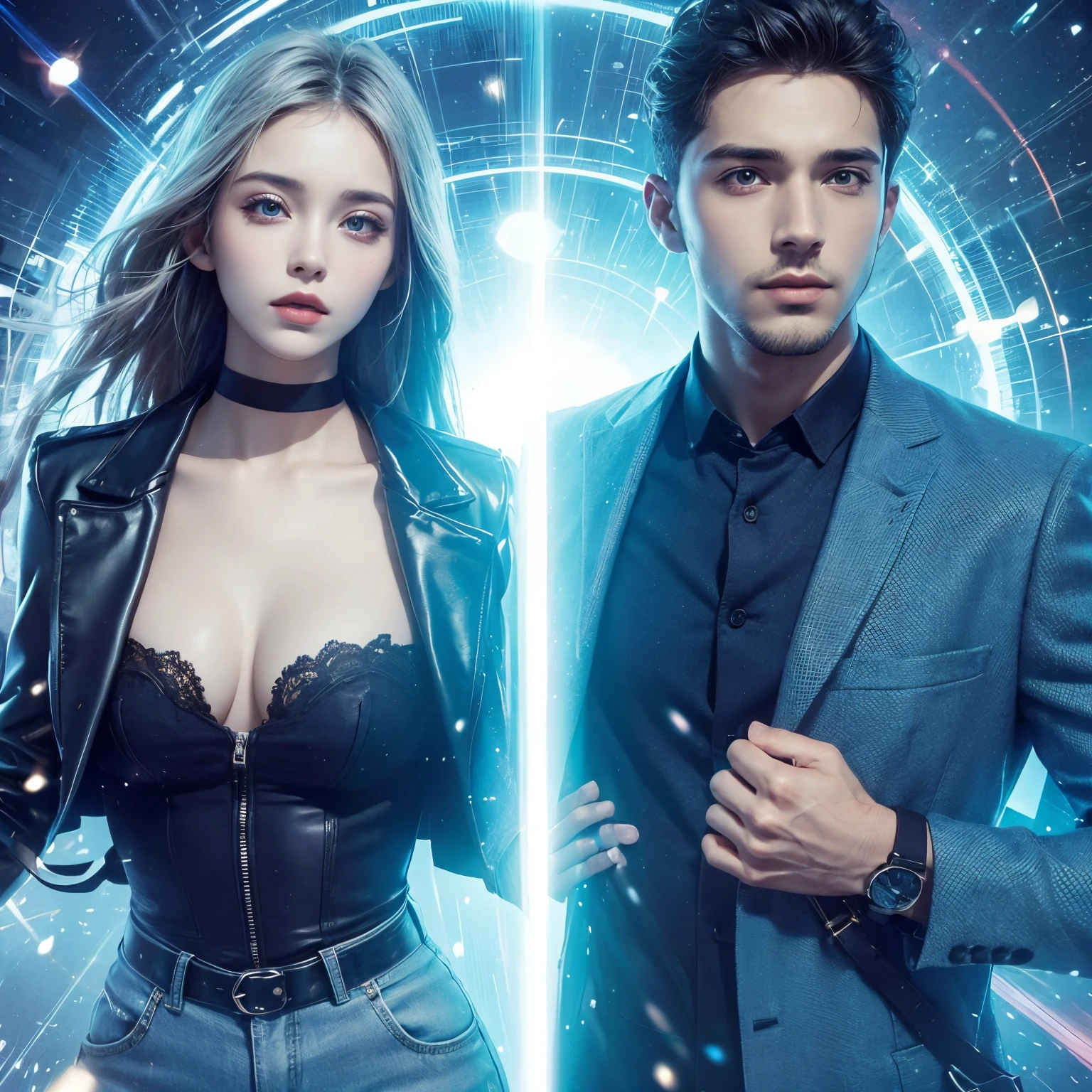 Two beautiful men and women. Early twenties. modern clothing. The two of them are about to teleport from now on, and a hole of blue-white light appears behind them that connects them to a different dimension.
