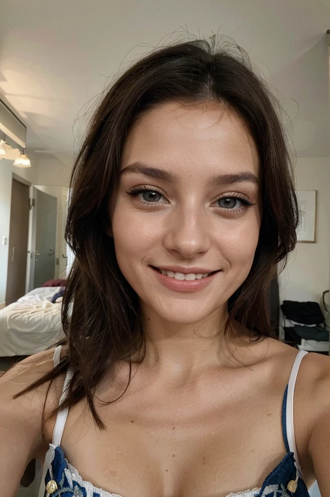 photography of a 20yo woman, perfect face, Samuel clothes, use the same face, masterpiece, same face, selfie style in bed, selfie, bed, very close, smiling