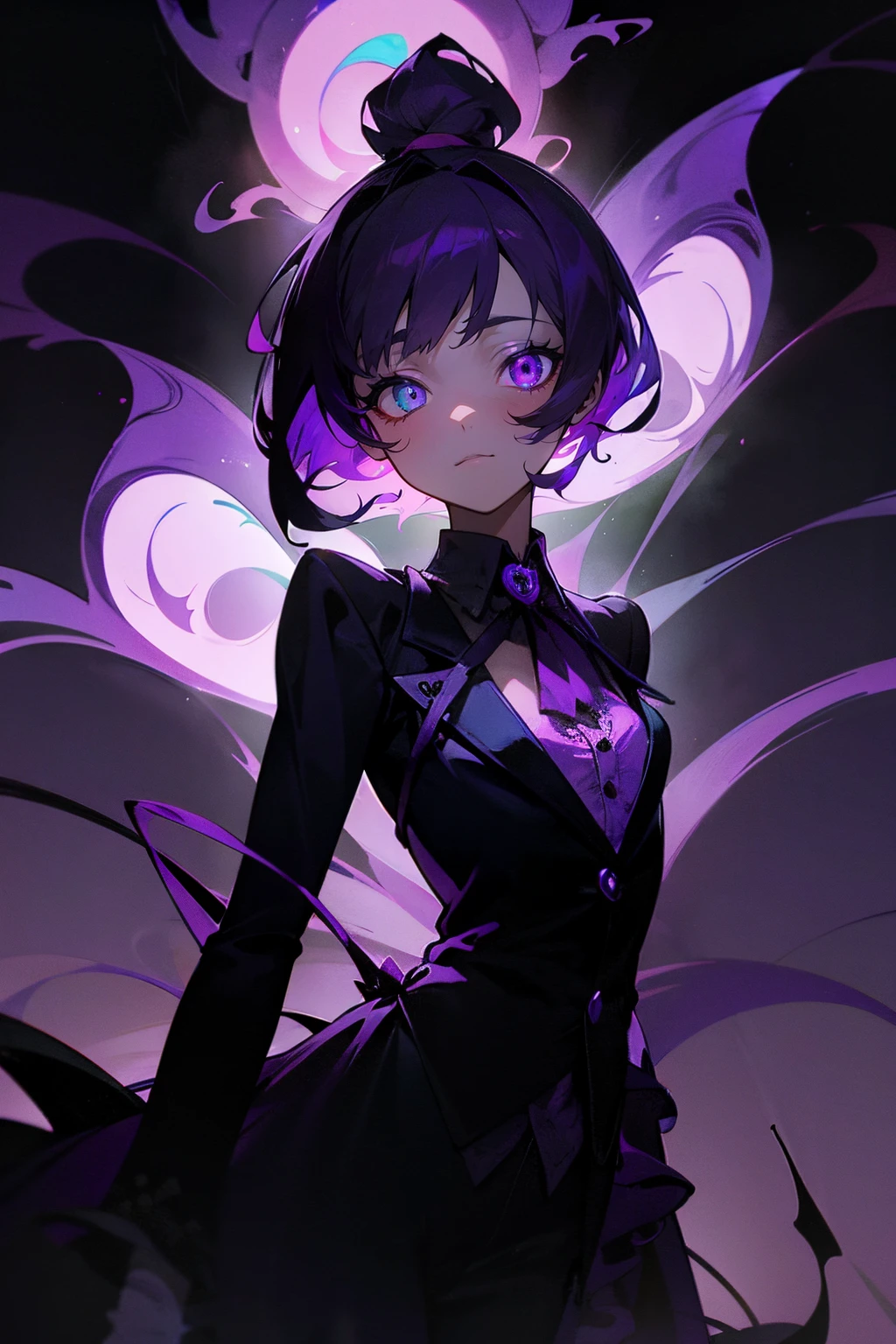 a creepy looking ((silhuette)) with ((purple gas flowing)) from their glowing heterochromia eyes, with a dark background and a purple background, Ay-O, purple, a character portrait, vanitas, (crazy), small breasts,embroidered shirt, anime screencap, serenity Eyes