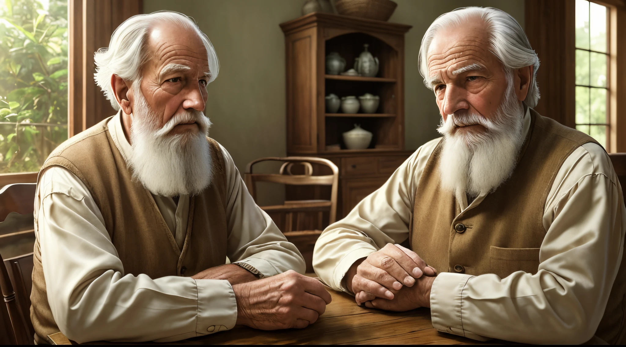 An old man, 80 years old, with a white beard, in his simple house, in an ancient scenery, biblical era.
(best quality,4k,8k,highres,masterpiece:1.2),ultra-detailed,(realistic,photorealistic,photo-realistic:1.37),warm color tones,soft lighting,aged textures,traditional oil painting style,historical scene,natural surroundings,authentic details,pensive expression,wisdom in his eyes,wrinkles showing the passage of time,overgrown greenery,peaceful ambiance,gentle color palette,calming atmosphere,vivid colors,fine strokes,subtle shadows and highlights,detailed interior,antique furniture,sunlight streaming through the window,captivating character,charming vintage style,tranquil and nostalgic spirit,quiet and serene setting,poignant story,clear and sharp focus,emotionally evocative,extremely detailed and precise features,hand-painted masterpiece.