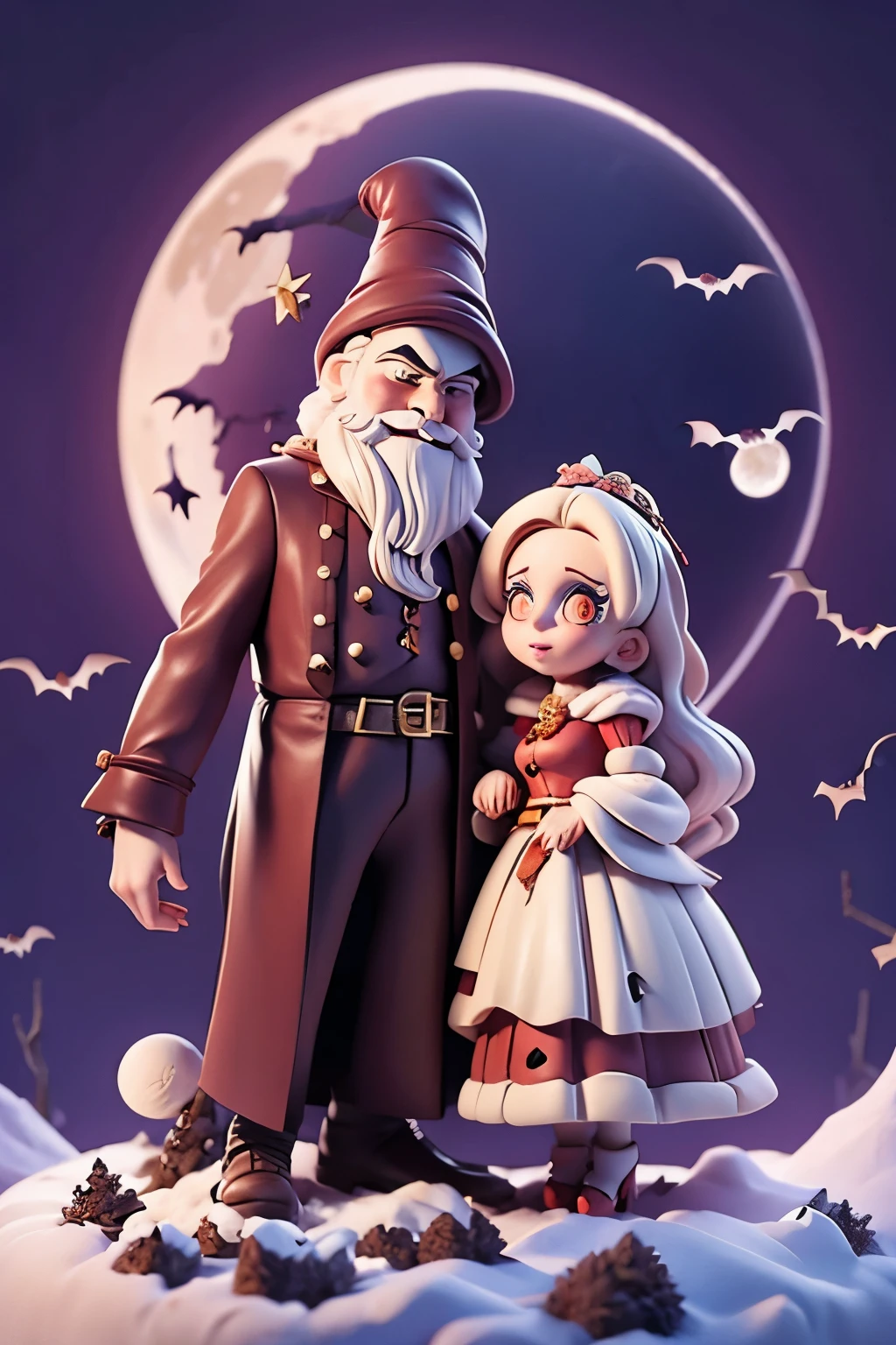 Santa Claus in The Nightmare Before Christmas、Male and female couples、Under a dead tree、Moon Night、the bats、Tim Burton Films、High color rendering、high-detail、