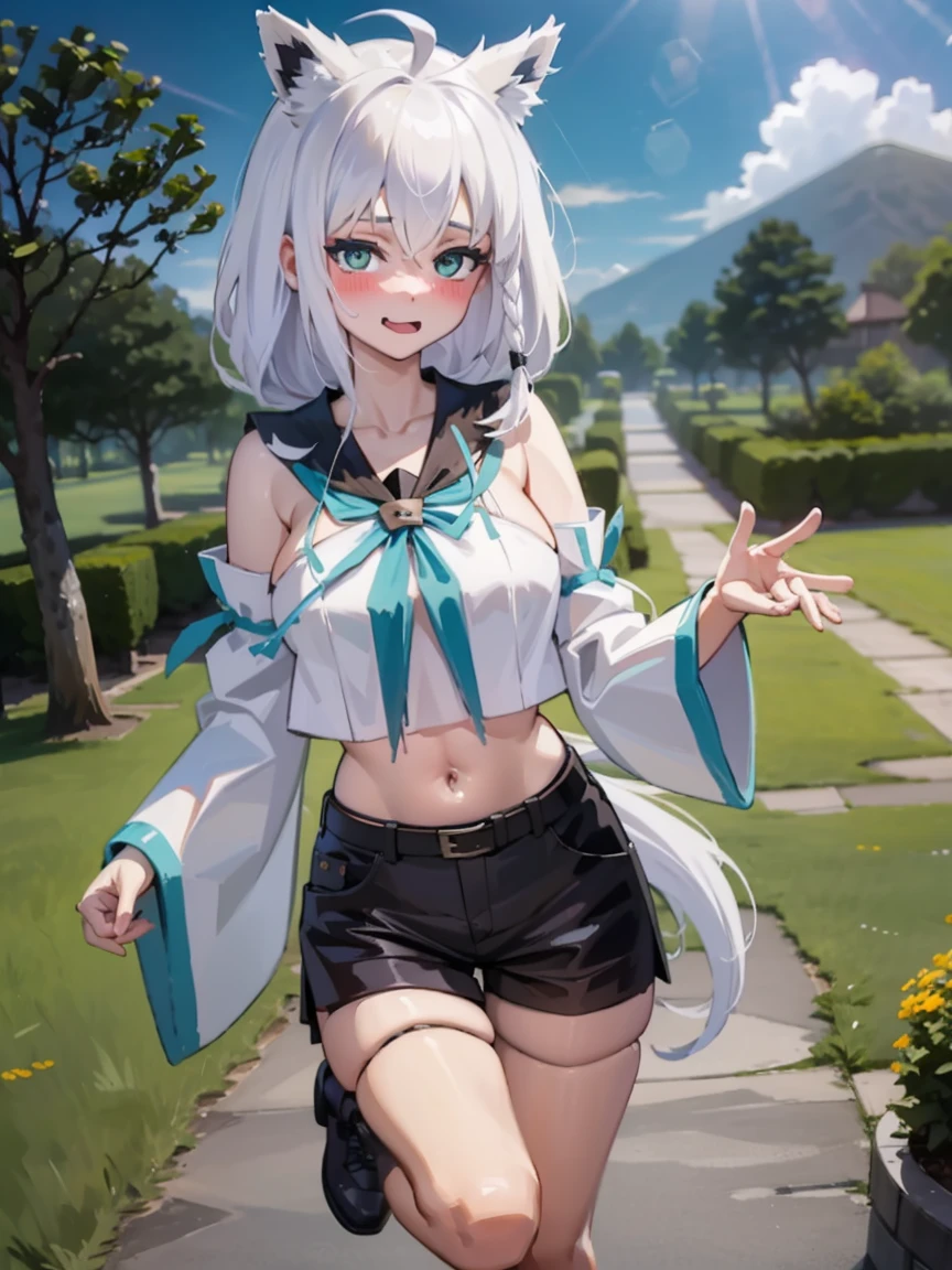 fubuki, white blouse, [midriff::12], detached sleeves, black short shorts, blue neckerchief, thigh strap, single thighhigh, white hair, single side braid, white hair, single side braid, ahoge, (fox tail:1.2)
BREAK
embarrassed smile, (nose blush), UnderButt
BREAK
Masterpiece, best quality, highres, 8K, ultra-detailed, super resolution, extremely detailed and beautiful, extremely detailed, amazing and detailed, highly detailed beautiful girl, highly detailed face, highly detailed eyes, highly detailed skin, highly detailed fingers, highly detailed nose, very detailed mouth, perfect anatomy 
BREAK
Full body shot, contraposto, river, forest, bright