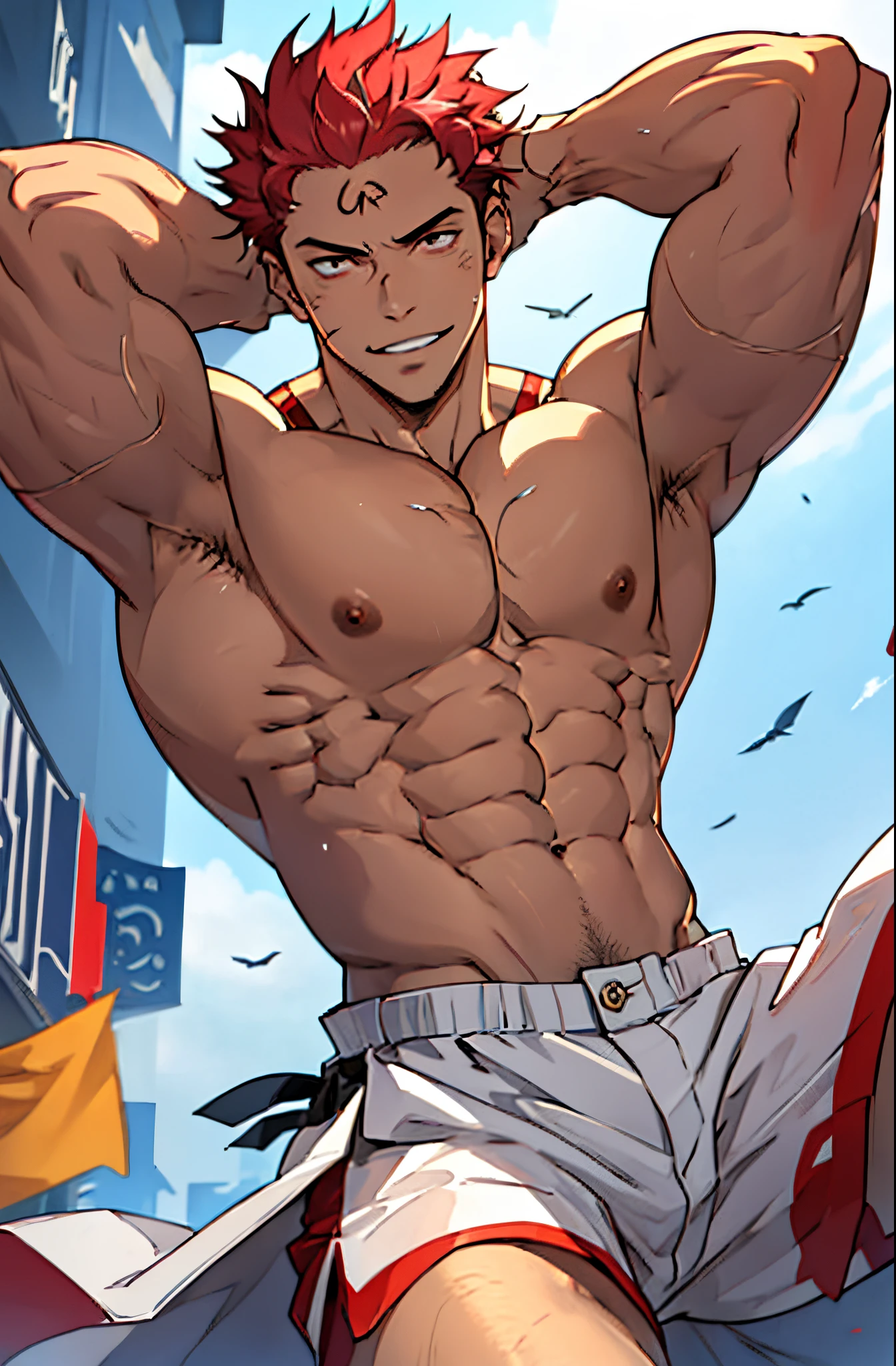 A mais alta qualidade, 8K, image high resolution, Detailed strokes, no meio de uma avenida movimentada estilo Times Square, muito sol, 夏天 , muito calor, flexing your muscles , sexy pose, adolecente, Red Hair, without the shirt , masculo, swollen chest , suado, wearing almost transparent wet shorts, (Angulo de Baixo), (Angulo Perto) , virilha saliente, muscular body on display , spread your legs, pernas definidas, defined arms, abdomen definido, no shirt, corpo suado por causa do calor, lindos corpo musculoso e definido , corpo detalhado