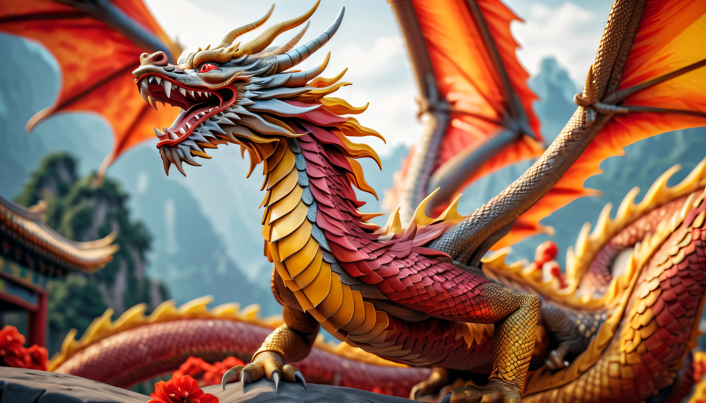 Druged 3d chinese dragon, Flying, huge, capsuled dragon 3 d art, stunning artwork, extremely high quality artwork, beautiful artwork, colorful hyperrealism, beeple colors, red, yellow, orange, grey, wide shot, (best quality,4k,8k,highres,masterpiece:1.2),ultra-detailed,(realistic,photorealistic,photo-realistic:1.37),HDR,UHD,studio lighting,ultra-fine painting,sharp focus,physically-based rendering,extreme detail description,professional,vivid colors,bokeh. Attention:Original art by Tupu.