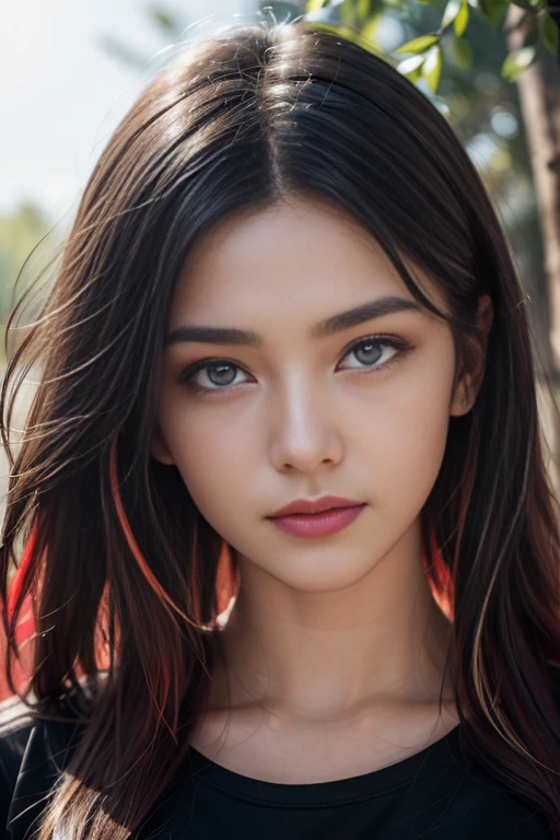 Bamboo forest,dressed, ninja,flirting on camera,(photo realistic:1.4), (hyper realistic:1.4), (realistic:1.3),(smoother lighting:1.05), (increase cinematic lighting quality:0.9), 1girl, 18yo girl, (long black hair, (multicolored) red locks:1.6),realistic lighting, backlighting, light on face, sun shining, shiny skin, sun flare,(crystal blue eyes:1.4),(brightening light:1.2), (Increase quality:1.4),(best quality real texture skin:1.4), finely detailed eyes, finely detailed face,(half face ninja mask ), face closeup, t-shirts,(Increase body line mood:1.2), (Increase skin texture beauty:1.2)