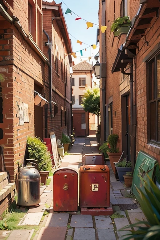 There is a red mailbox next to the brick wall, The walls are covered with small art paintings, street art, In a narrow Chinese alley, warm sunlight, Painted on a brick wall, painting exhibition, displayed on the wall, Oil painting in 3d, author:Tom Varnerstrand, photo of a painting, atmosphere