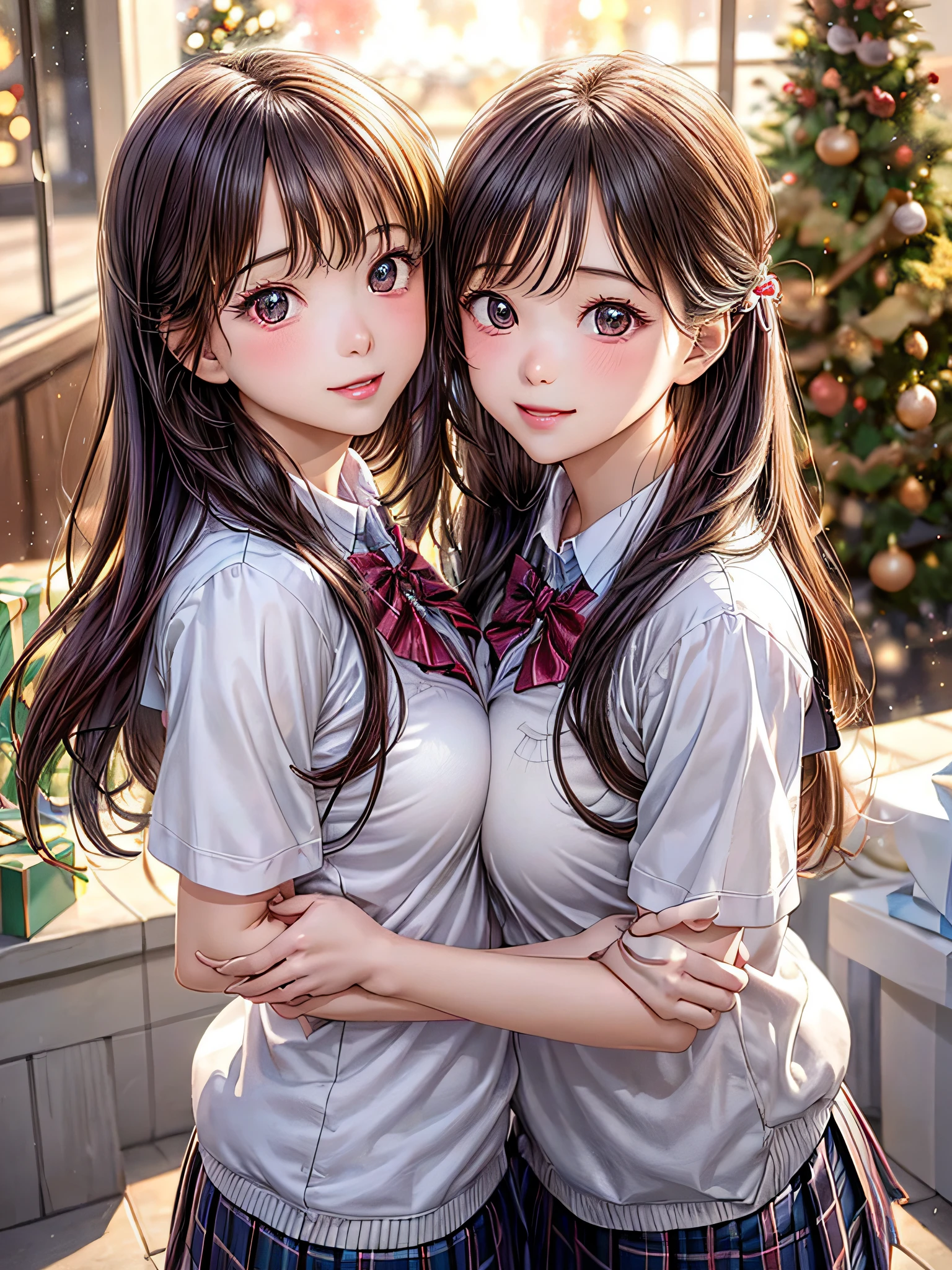 (2girls:1.4), Extremely cute, amazing face and eyes beautiful nice smile), (extremely detailed beautiful face), bright and shiny lips, (School uniform, Pleated skirt:1.3), (Best Quality:1.4), (hyper quality), (Ultra-detailed), (Hyper-realistic, Photorealsitic:1.37), Authentic skin texture, intricate-detail, extremely detailed CG unified 8k wallpaper, RAW Photos, professional photograpy, Cinematic lighting, Exposing, Christmas tree, Christmas Ornaments, Christmas Decorations, Christmas Lights, Christmas Lights,