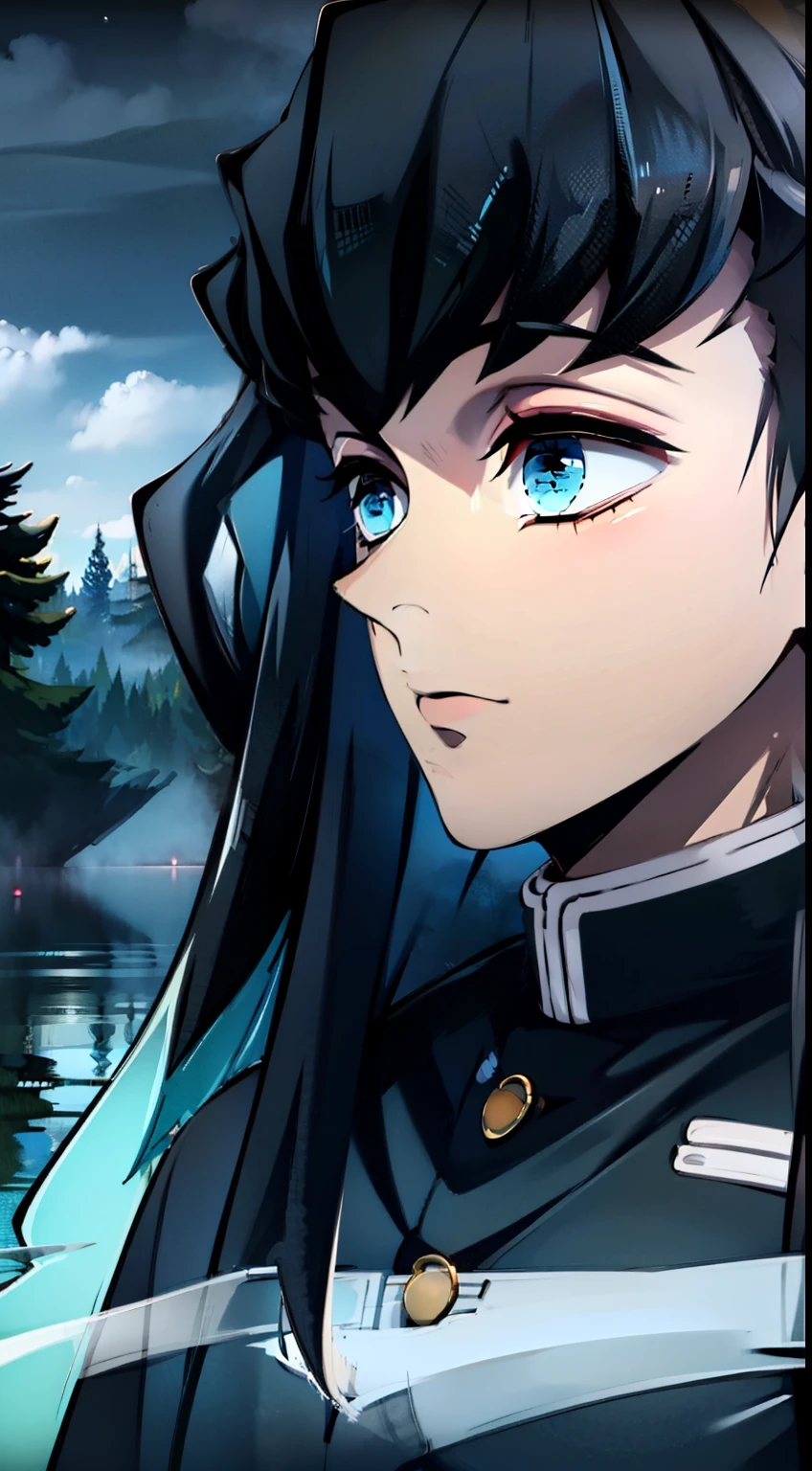 close up, ember, black hair, Ghost, Dark, gotik, ..............................................3d, Ultra Detailed, blue transparent smoke around, realistic style, Old Night Pond, full - body, Man in black robe, Tying your hair、Sword in hand.Kasumi、Fog in the background、haze in the background