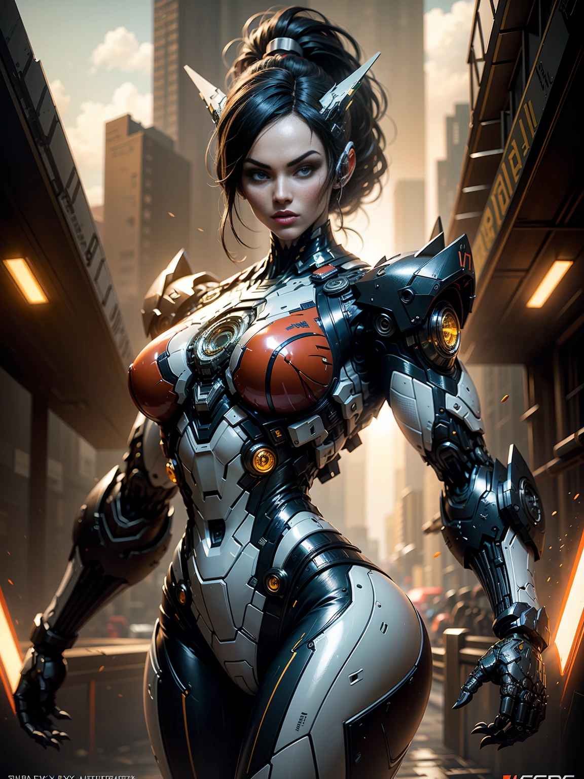 (megan fox), Cinematic, hyper-detailed, and insanely detailed, this artwork captures the essence of a hairless muscular female android girl. Beautiful color grading, enhancing the overall cinematic feel. Unreal Engine brings her anatomic cybernetic muscle suit to life, appearing even more mesmerizing. With the use of depth of field (DOF), every detail is focused and accentuated, drawing attention to her eyes and the intricate design of the anatomic cybernetic muscle suit . The image resolution is at its peak, utilizing super-resolution technology to ensure every pixel is perfect. Cinematic lighting enhances her aura, while anti-aliasing techniques like FXAA and TXAA keep the edges smooth and clean. Adding realism to the anatomic cybernetic muscle suit, RTX technology enables ray tracing. Additionally, SSAO (Screen Space Ambient Occlusion) gives depth and realism to the scene, the girl's anatomic cybernetic muscle suit become even more convincing. In the post-processing and post-production stages, tone mapping enhances the colors, creating a captivating visual experience. The integration of CGI (Computer-Generated Imagery) and VFX (Visual Effect brings out the anatomic cybernetic muscle suit's intricate features in a seamless manner. SFX (Sound Effects) complement the visual artistry, immersing the viewer further into this fantastic world. The level of detail is awe-inspiring, with intricate elements meticulously crafted, the artwork hyper maximalist and hyper-realistic. Volumetric effects add depth and dimension, and the photorealism is unparalleled. The image is rendered in 8K resolution, ensuring super-detailed visuals. The volumetric lightning adds a touch of magic, highlighting her beauty and the aura of her anatomic cybernetic muscle suit in an otherworldly way. High Dynamic Range (HDR) technology makes the colors pop, adding richness to the overall composition. Ultimately, this artwork presents an unreal portrayal of a super muscled cybernetic female android