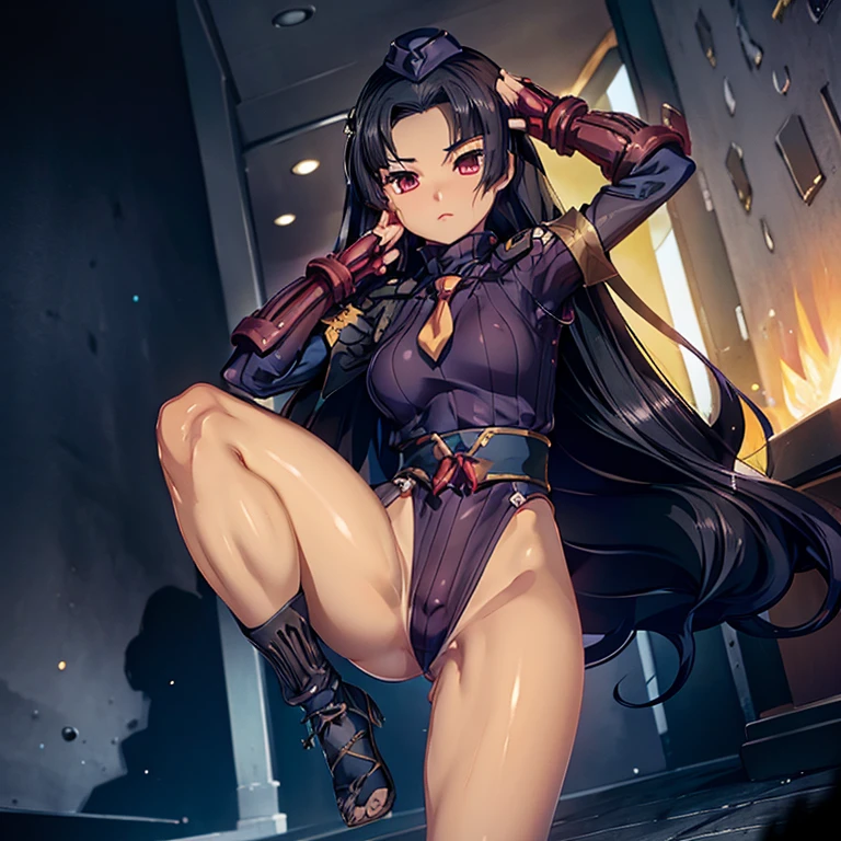 ultra-detailed, Explicit, Beautiful body, Beautiful Nose, Beautiful character design, perfect eyes, perfect face, ultra highres, 4K, beautiful legs, perfect legs, Nice hands, Perfect hand, Masterpiece, Best Quality, Highly detailed, illustration, absurdres, street fighter, doll suit, shadaloo doll, dollsuit, girls, multiple girls, expressionless, blank eyes, looking at viewer, red gloves, emotionless, black latex, corrution, mind control, female combatant, full body, hypnotized, unhappy trance, full body suit, ribbed bodysuit, both arms at side, stand up straight, obey, perfect female body, extremely glossy latex, hypnosis, hypnoLora, empty eyes, Mind control device, poses, submissive_pose, Slave, hat, necktie, stand up straight, standing, standing at attention, Slave, hat, necktie, belt, extending the right arm from the shoulder into the air with a straightened hand, nazi saluting, military, military saluting, salute, latex, ribbed bodysuit, Black hair, long hair, red eyes, minmei (shuutai), KOIHIME†MUSOU