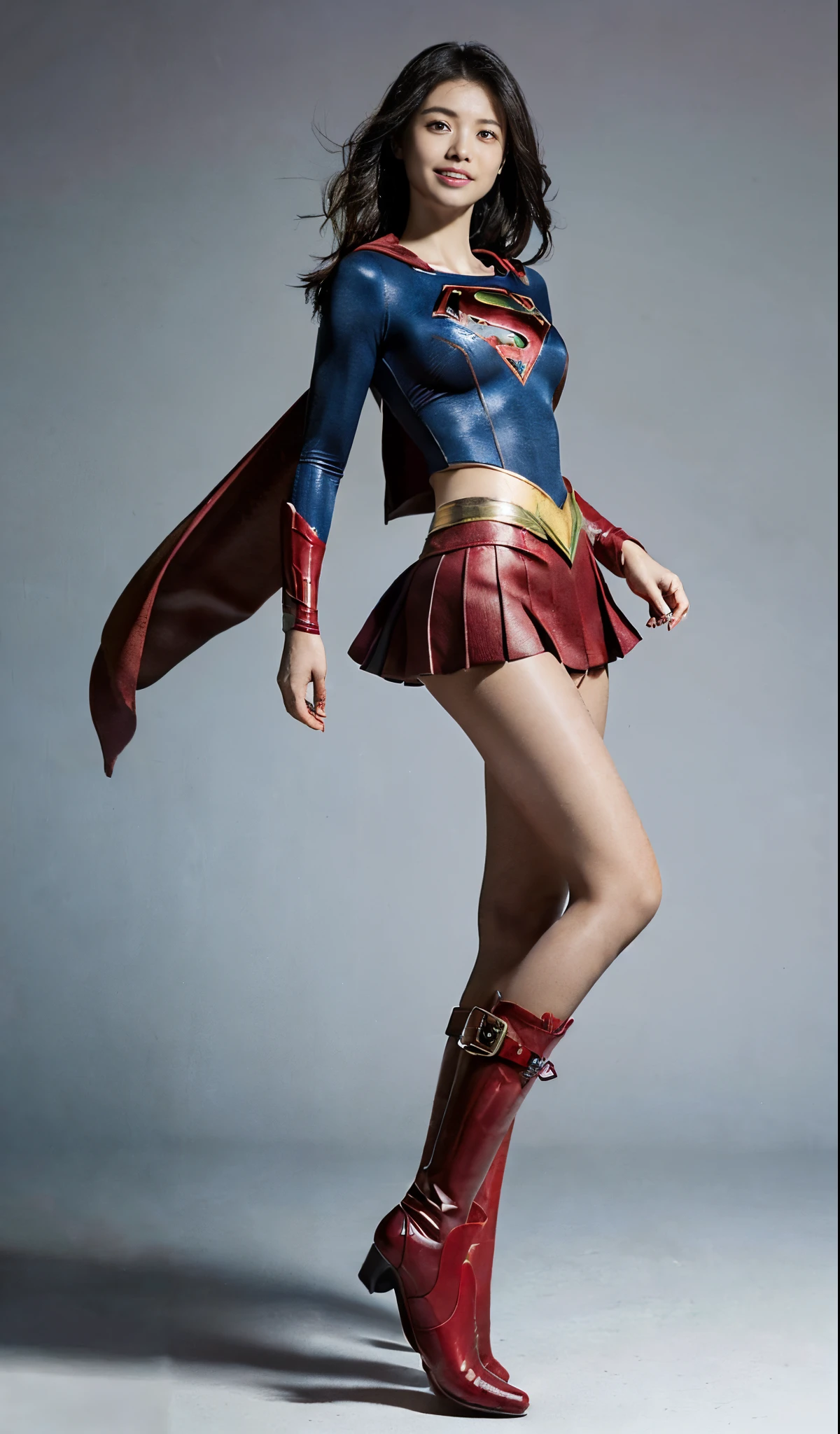 (((Wear black tights on your beautiful legs.)))、(((Grow legs、tall、Legally express the beauty of your smile)))、((((Make the most of the original image)))、(((Supergirl Costume)))、(((beautiful hairl)))、(((Suffering)))、(((Feet must necessarily be worn with black tights)))、(((You need to wear red boots)))、((Top image quality、8K))、((top-quality、8K、​masterpiece:1.3))、(((Keep Background )))、Crisp focus:1.2、Beautiful woman with perfect body shape:1.4、Slender Abs:1.2、a wet body:1.5、Highly detailed facial and skin texture、8K