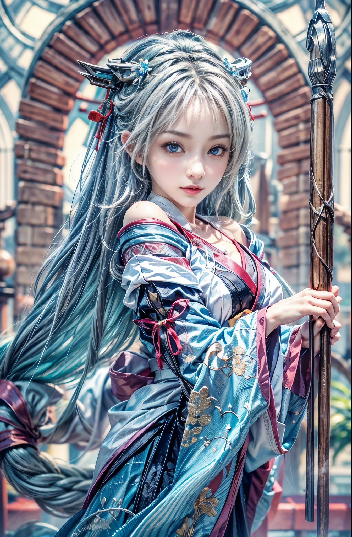 (Photoreal Stick:1.4, masutepiece:1..3, 8K), top-quality, ​masterpiece, 超A high resolution, Perfect dynamic composition, Professional camera work, Grow Light Effect, Mystical portrait, Cinematic Light, Highly detailed skin and facial texture:1.3, The ultra-detailliert, Detailed hands and fingers, A detailed eye, (riding a dragon:1.2, carry a noble long cane), (myterious:1.3, Fanciful:1.2, tradition:1.2, majestueux:1.2), 1girl in, 25-years old, cute and sexy slim goddess, Fair skin, (Calm:0.9, Totally captivates you:1.0), (japanese miko costume:1.3, off shoulders), (voluptuous breasts:0.9), (Backshots), (A beautiful Blue eyes, Eyes that feel beautiful eros:0.85), Sexy face:0.4, (A mouthfeel that feels beautiful eros:0.85), ((Too cute beauty:0.9)), Fantastic background, Eliminate unnecessary hands