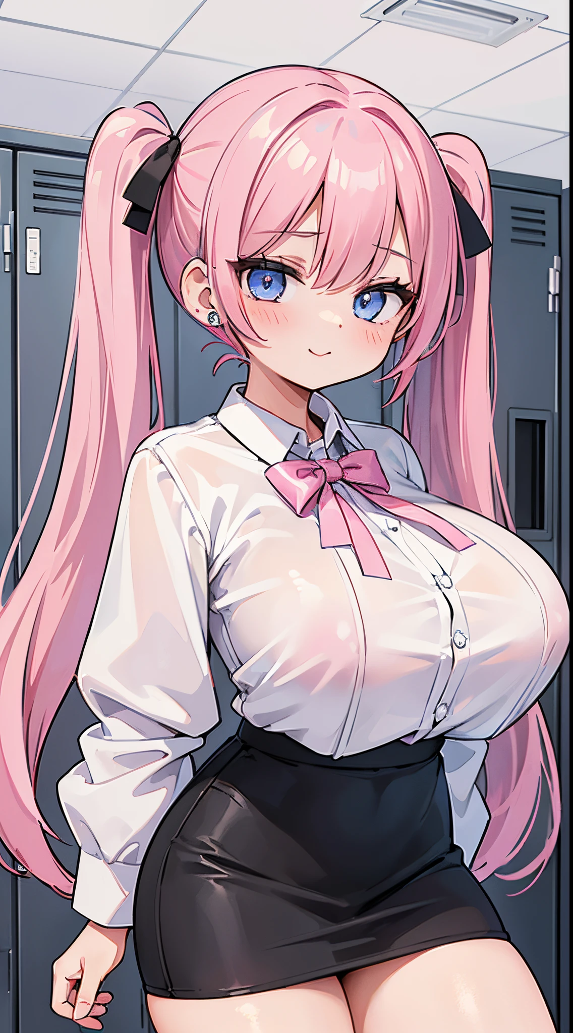 (masterpiece、top-quality、ultra-detailliert)、((1 girl))、((Pink hair twin tails))、light blue eyes、evilsmile、piercings、((very Bigger breasts))、White shirt、long-sleeve、black pencil skirt、cowboy shot、Locker Room Background