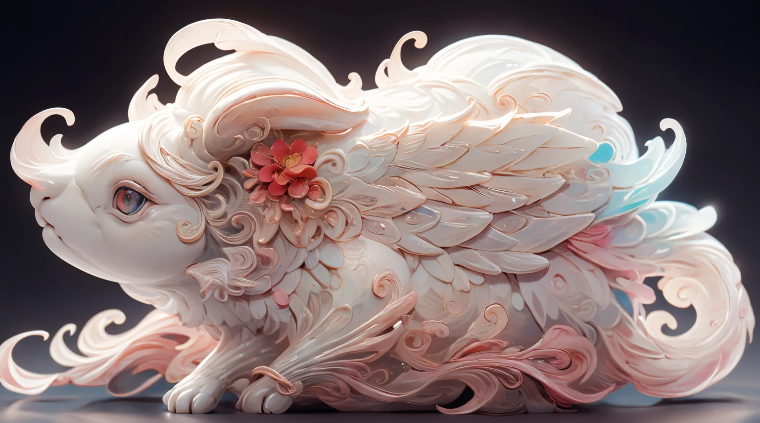 shape,The background was clean,dream color,Transparent statue,flower eyes,The white,red eyes,The eyes are clear,tmasterpiece,(Best quality at best:1.3),A rabbit,Full body ,8K Ultra Clear