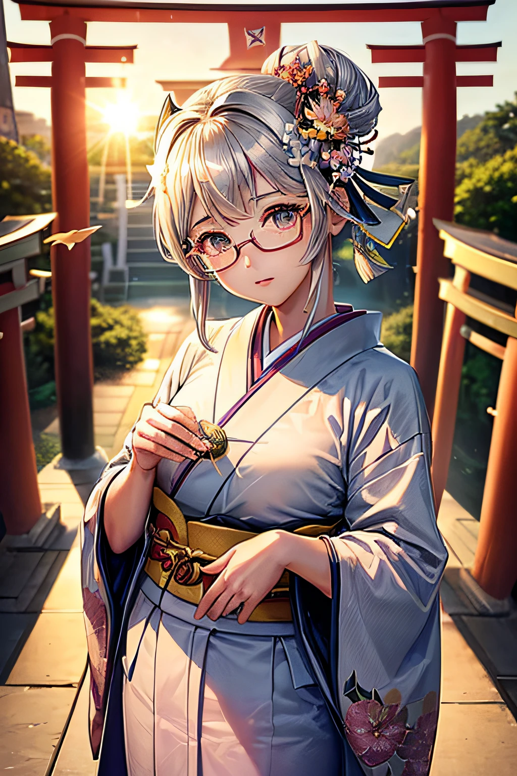 ((worst quality, low-quality)), ((girl with)), Solo, (Under-rim glasses:1.3), ((half updo, Silver hair)), plump shiny lips, ((Beautiful eyes):1.2), Spoken Heart, (traditional Japanese clothing:1.2), (Complex flower and bird kimono, mauve fabric:1.3), embarrassed, Standing, Looking at Viewer, Head tilt, ((Please show me the fortune telling results:1.2)), (sunrise light, rays of the morning sun:1.4), (( The background is a torii gate in Japan)), high-angle shot, masutepiece, Best Quality, ultra-detailliert,