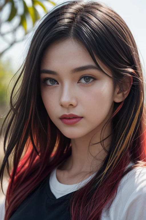 Bamboo forest,full body dressed, ninja,standing in forest,(photo realistic:1.4), (hyper realistic:1.4), (realistic:1.3),(smoother lighting:1.05), (increase cinematic lighting quality:0.9), 1girl, 18yo girl, (long black hair, (multicolored)  red locks:1.6),realistic lighting, backlighting, light on face, sun shining, shiny skin, sun flare,(crystal blue eyes:1.4),(brightening light:1.2), (Increase quality:1.4),(best quality real texture skin:1.4), finely detailed eyes, finely detailed face,(half face ninja mask ), face closeup, t-shirts,(Increase body line mood:1.2), (Increase skin texture beauty:1.2)
