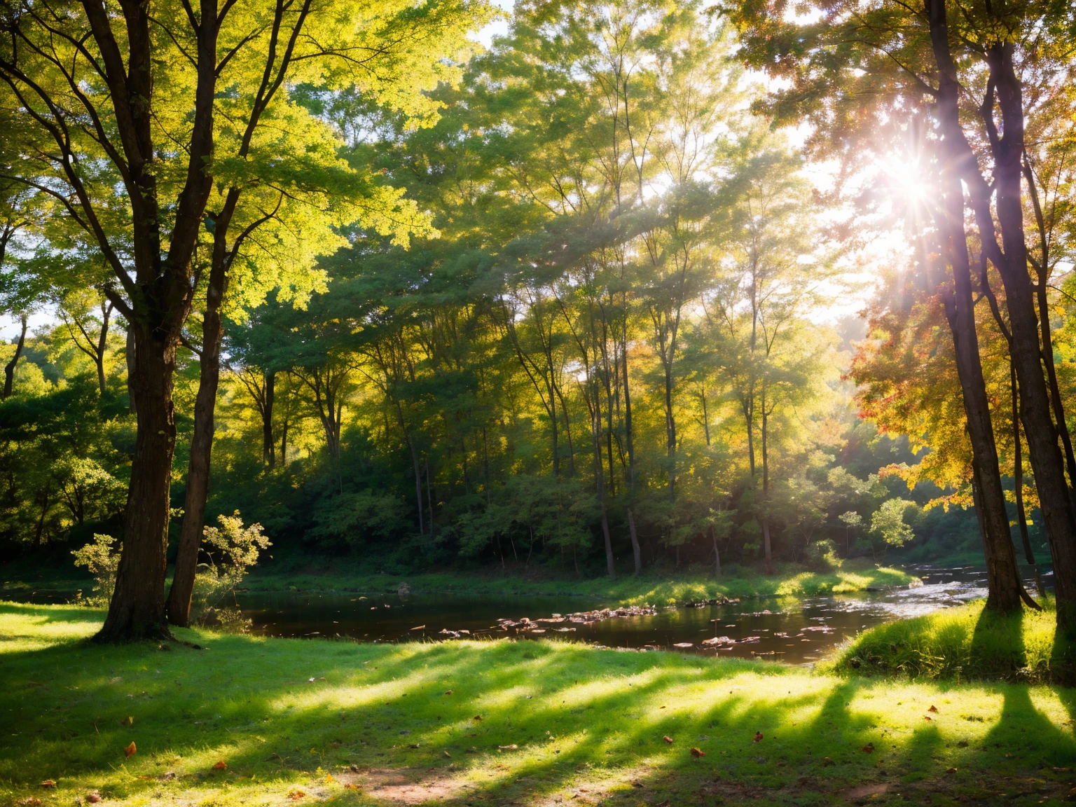 (best quality,4k,8k,highres,masterpiece:1.2),ultra-detailed,(realistic,photorealistic,photo-realistic:1.37),HDR,UHD,studio lighting,ultra-fine painting,sharp focus,physically-based rendering,extreme detail description,professional,vivid colors,bokeh,autumn scenery,forest in Masuria Poland,clear day,blue sky,sunlight,huge trees with colorful leaves,golden and orange foliage,crimson and maroon tree trunks,dappled sunlight filtering through the leaves,rays of sunlight illuminating the forest floor,fallen leaves covering the ground in a vibrant carpet,rustling sound of leaves as a gentle breeze blows,peaceful and serene atmosphere,tranquil lake reflecting the autumn colors,reflection of the trees in the calm water,occasional birds flying through the scene,faint forest scent in the air.