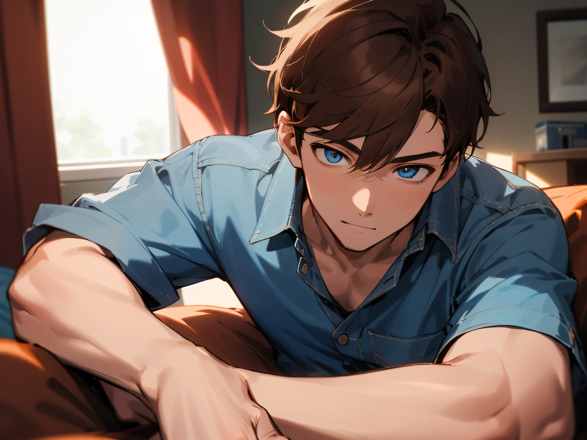 Upper body,a closeup,Man's,relaxed expression,Year's on,,ember, 26 year old,Cool,1 male、Brown hair,Blue denim shirt,eyes are brown,Sitting at the bedside,Look into the camera,