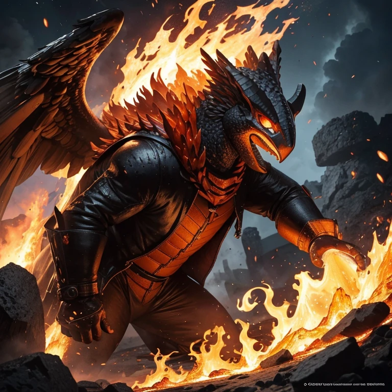Fait moi une image d’un monstre qui est en pierre fondue avec le corp en feu des ailes en magma qui brûle tout sur son chemin en laissant des étincelles derrière lui