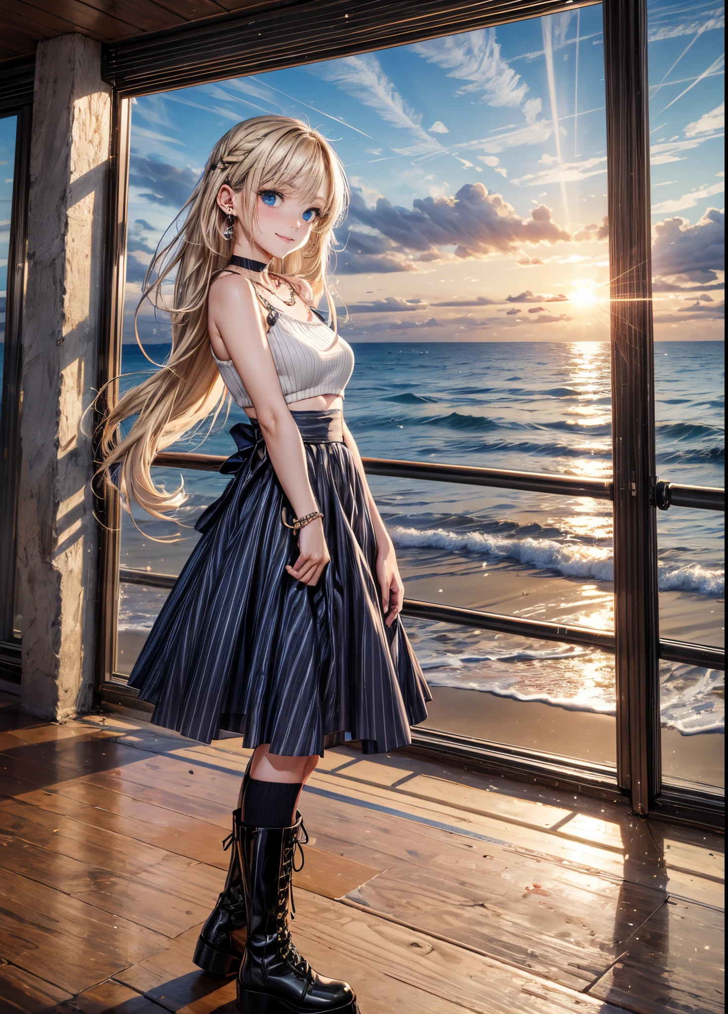 Melody Mark,absurderes, ultra-detailliert,bright colour,(独奏),(From Side:1.2),(Looking at Viewer:1.5) (short twin-tailed blonde hair:1.2),(Hair parted in the middle:1.2),Shiny hair,(White sleeveless knit:1.2),(Black long boots),skirt by the,Delicate beautiful face, red blush、(Deep Blue Eyes:1.4), White skin, hair clips, earrings, a necklace,wrist watch,(A wistful smile:1.3),Beautiful cloud,(Standing on the beach and looking to the side with a sad expression:1.3),look at the sea and the sunset,at the sunset,Waves crashing on the beach,Sunlight,Light falls on the face
