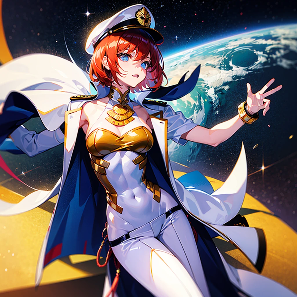 (((masterpiece)))、(((Top image quality)))、(((top-quality)))、(Illustration of one woman)、30-years old、(Viceroy)、((Red-haired shorthair))、(Thin hair hanging down both sides of the face)、Blue eyes、((Tall))、((Muscle Woman、stocky build、muscular legs、broad shoulders、solid chest))、((Military uniforms))、((Military Cap))、((Military coat))、(white clothes)、(White pants)、(White cap)、trench coat、((Inside the spaceship))、(Outside the window、kosmos、Earth seen from space、Spaceport)
