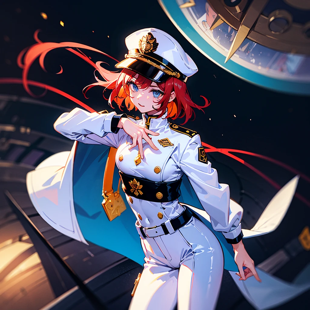 (((masterpiece)))、(((Top image quality)))、(((top-quality)))、(Illustration of one woman)、30-years old、(Viceroy)、((Red-haired shorthair))、(Thin hair hanging down both sides of the face)、Blue eyes、((Tall))、((Muscle Woman、stocky build、muscular legs、broad shoulders、solid chest))、((Military uniforms))、((Military Cap))、((Military coat))、(white clothes)、(White pants)、(White cap)、trench coat、((Inside the spaceship))、(Outside the window、kosmos、Earth seen from space、Spaceport)