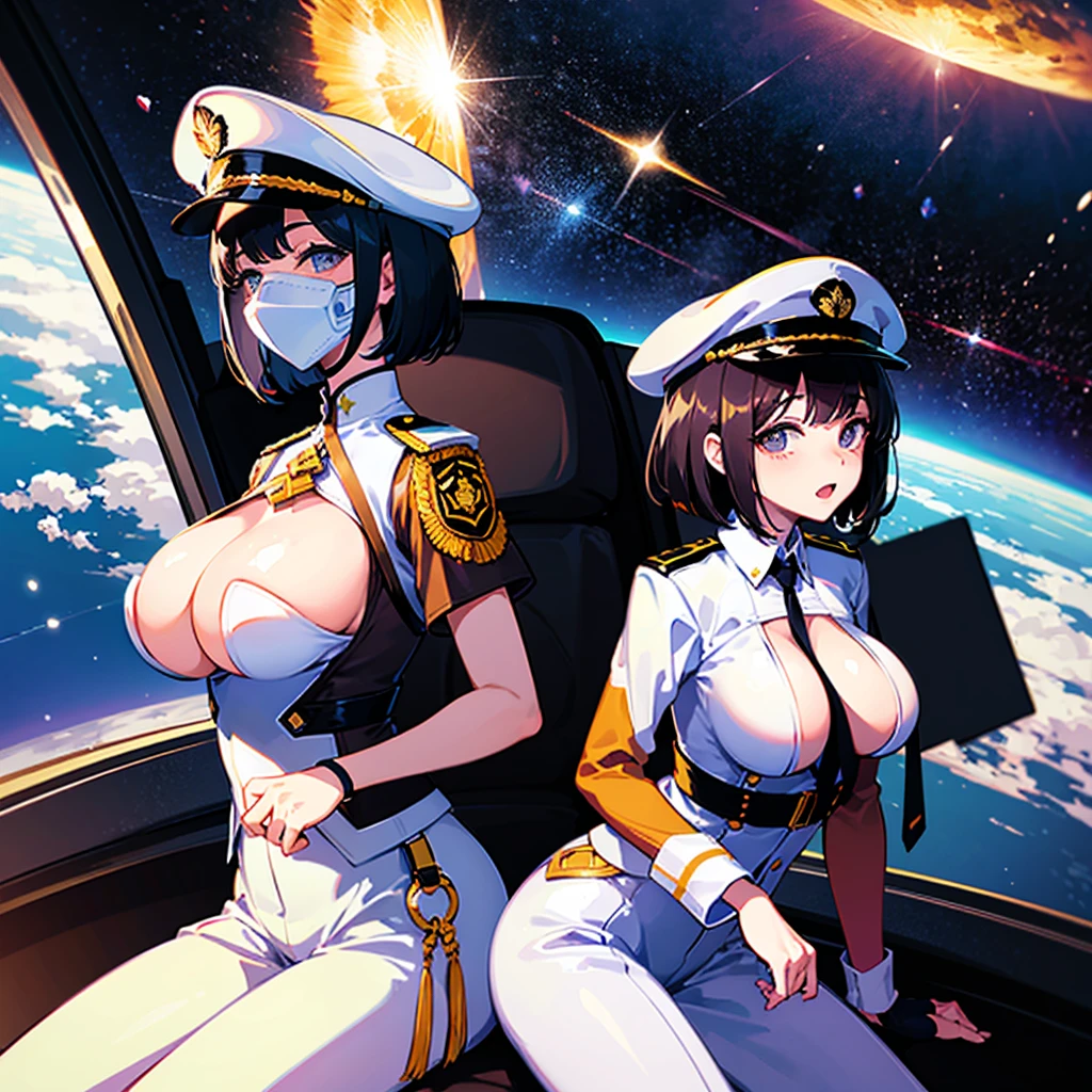 (((masterpiece)))、(((Top image quality)))、(((top-quality)))、(Illustration of one woman)、full bodyesbian、30-years old、(Viceroy)、Black hair bob cut、((Face covering gas mask))、Gray eyes、((Tall))、((huge tit))、((Military uniforms))、((Military Cap))、((Military coat))、(white clothes)、(White pants)、(White cap)、trench coat、((Inside the spaceship、Sitting in the captain's seat))、(Outside the window、kosmos、Earth seen from space、Spaceport)