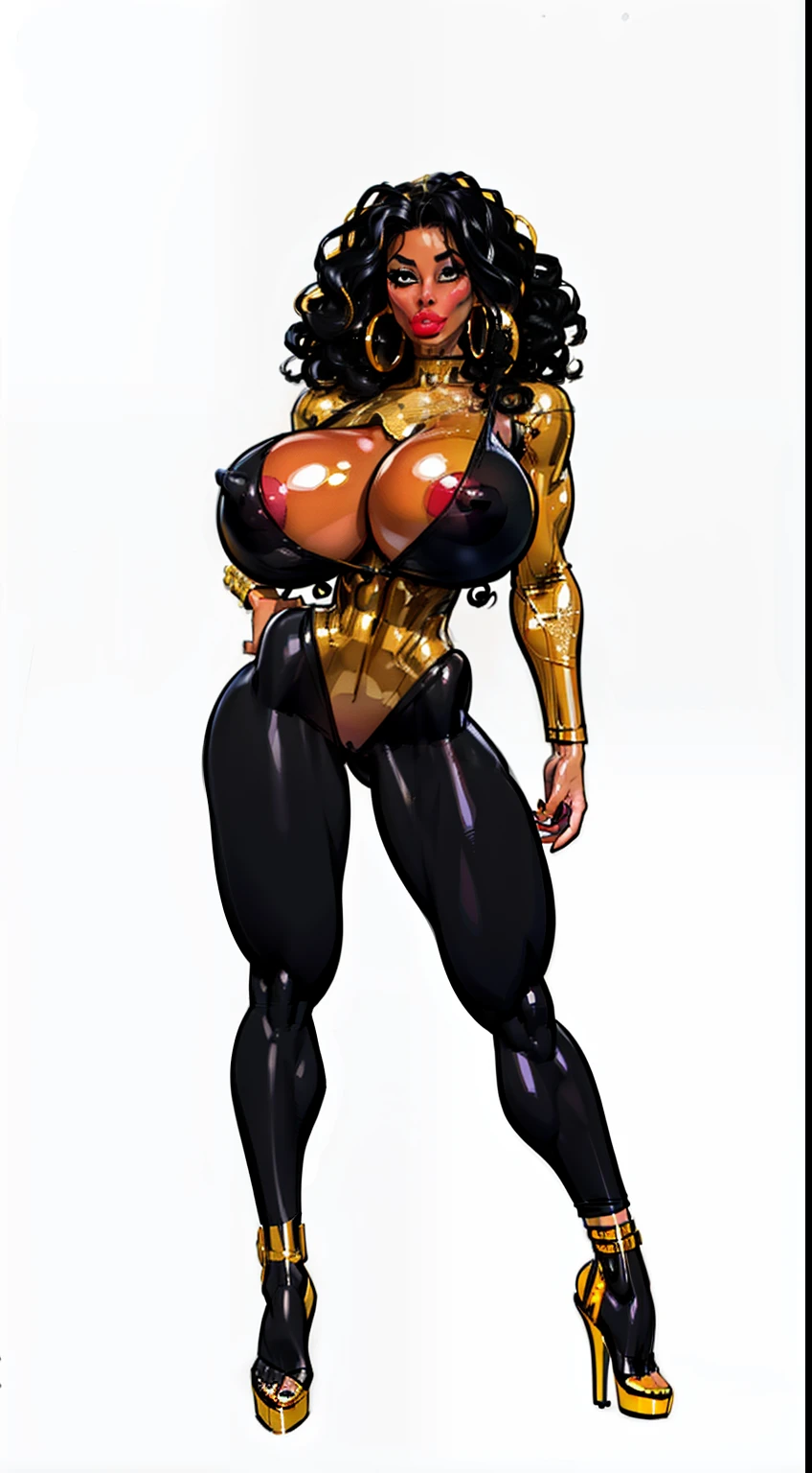 ((masterpiece)),(((best quality))),((character design sheet)), ((full body view)) ((black woman)), ((seductive eyes:1.4)), defined cheekbones, high cheekbones, illustration,  muscular, ((gold:1.4)), sexy bimbo, (gigantic breasts:1.7) (black hair), ((detailed face:1.4)) beautiful woman, ((curly hair:1.4)), colored skin, ((black skin:1.4)) , (red lipstick:1.4), shiny skin, scribbles and marks,(puffy lips:1.4) ,(yellow disco outfit:1.3), bell bottom pants,open shirt,  rough sketches, pose, 8k,16k, ( background, white background: 1.3), yellow arms, yellow legs, black torso, yellow and black color palette, ((beautiful face))