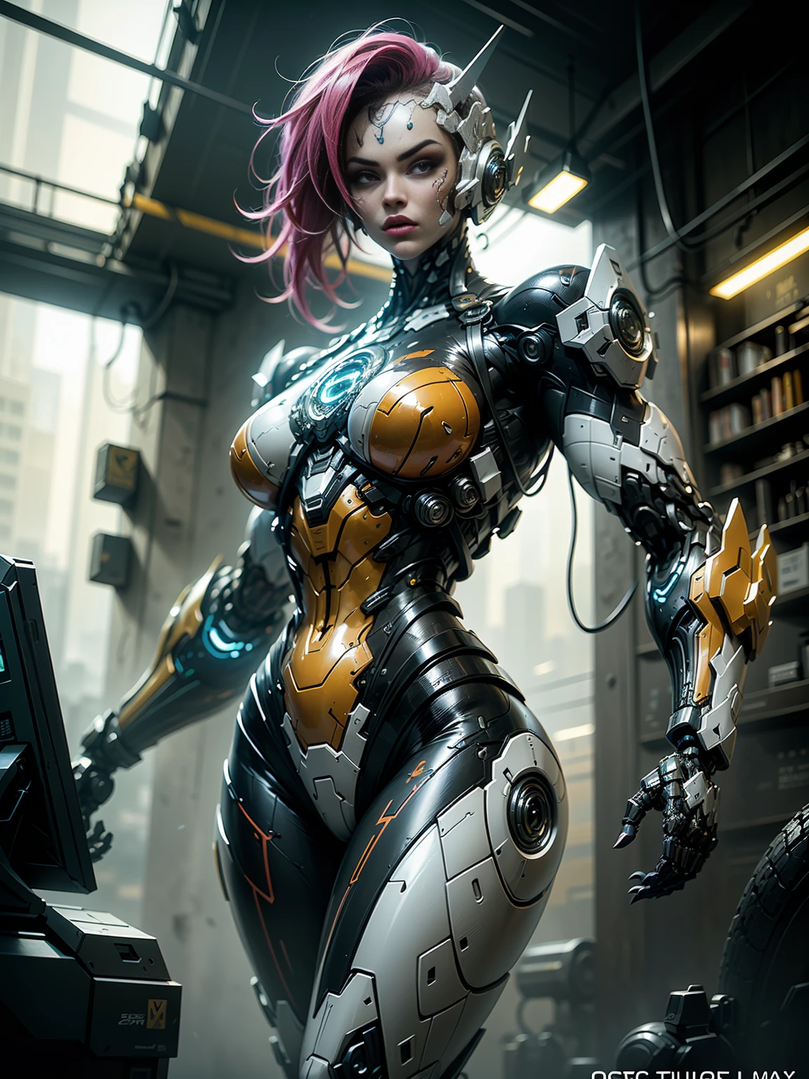 (megan fox), Cinematic, hyper-detailed, and insanely detailed, this artwork captures the essence of a hairless muscular female android girl. Beautiful color grading, enhancing the overall cinematic feel. Unreal Engine brings her anatomic cybernetic muscle suit to life, appearing even more mesmerizing. With the use of depth of field (DOF), every detail is focused and accentuated, drawing attention to her eyes and the intricate design of the anatomic cybernetic muscle suit . The image resolution is at its peak, utilizing super-resolution technology to ensure every pixel is perfect. Cinematic lighting enhances her aura, while anti-aliasing techniques like FXAA and TXAA keep the edges smooth and clean. Adding realism to the anatomic cybernetic muscle suit, RTX technology enables ray tracing. Additionally, SSAO (Screen Space Ambient Occlusion) gives depth and realism to the scene, the girl's anatomic cybernetic muscle suit become even more convincing. In the post-processing and post-production stages, tone mapping enhances the colors, creating a captivating visual experience. The integration of CGI (Computer-Generated Imagery) and VFX (Visual Effect brings out the anatomic cybernetic muscle suit's intricate features in a seamless manner. SFX (Sound Effects) complement the visual artistry, immersing the viewer further into this fantastic world. The level of detail is awe-inspiring, with intricate elements meticulously crafted, the artwork hyper maximalist and hyper-realistic. Volumetric effects add depth and dimension, and the photorealism is unparalleled. The image is rendered in 8K resolution, ensuring super-detailed visuals. The volumetric lightning adds a touch of magic, highlighting her beauty and the aura of her anatomic cybernetic muscle suit in an otherworldly way. High Dynamic Range (HDR) technology makes the colors pop, adding richness to the overall composition. Ultimately, this artwork presents an unreal portrayal of a super muscled cybernetic female android