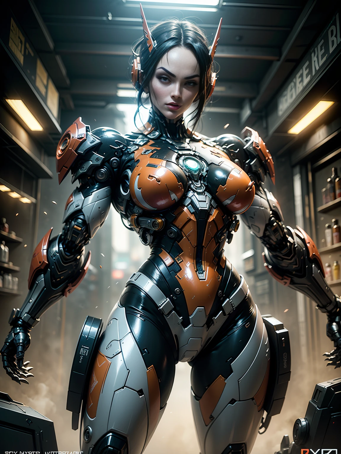 (megan fox), Cinematic, hyper-detailed, and insanely detailed, this artwork captures the essence of a hairless muscular female android girl. Beautiful color grading, enhancing the overall cinematic feel. Unreal Engine brings her anatomic cybernetic muscle suit to life, appearing even more mesmerizing. With the use of depth of field (DOF), every detail is focused and accentuated, drawing attention to her eyes and the intricate design of the anatomic cybernetic muscle suit . The image resolution is at its peak, utilizing super-resolution technology to ensure every pixel is perfect. Cinematic lighting enhances her aura, while anti-aliasing techniques like FXAA and TXAA keep the edges smooth and clean. Adding realism to the anatomic cybernetic muscle suit, RTX technology enables ray tracing. Additionally, SSAO (Screen Space Ambient Occlusion) gives depth and realism to the scene, the girl's anatomic cybernetic muscle suit become even more convincing. In the post-processing and post-production stages, tone mapping enhances the colors, creating a captivating visual experience. The integration of CGI (Computer-Generated Imagery) and VFX (Visual Effect brings out the anatomic cybernetic muscle suit's intricate features in a seamless manner. SFX (Sound Effects) complement the visual artistry, immersing the viewer further into this fantastic world. The level of detail is awe-inspiring, with intricate elements meticulously crafted, the artwork hyper maximalist and hyper-realistic. Volumetric effects add depth and dimension, and the photorealism is unparalleled. The image is rendered in 8K resolution, ensuring super-detailed visuals. The volumetric lightning adds a touch of magic, highlighting her beauty and the aura of her anatomic cybernetic muscle suit in an otherworldly way. High Dynamic Range (HDR) technology makes the colors pop, adding richness to the overall composition. Ultimately, this artwork presents an unreal portrayal of a super muscled cybernetic female android