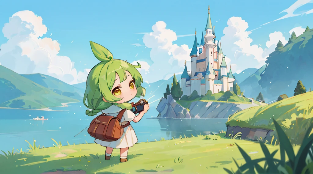 masterpiece, top-quality, ultra-detailliert, absurderes, colourfull, 1girl in, 独奏, (facing back)、yellow eyes, Green hair, Braids, A detailed eye, roll up eyes, Eye lashes, Look at viewers, full body Esbian, chibi outdoor, naturey, 云, Grassy, Blue theme, spark of light, Hair Bow、Aiming for the castle in the sea of clouds