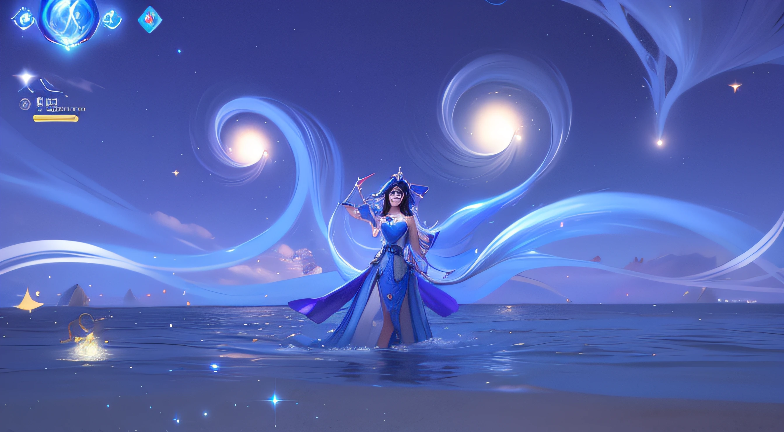 Anime style image of a woman in a blue dress standing in the water, Beautiful celestial mage, Irelia in League of Legends, Anime girl walking on water, Irelia, calm evening. Digital illustration, Maya Ali plays Wind Mage, epic mage girl character, star guardian inspiration, concept art magical highlight, Maya Ali as Storm Wizard