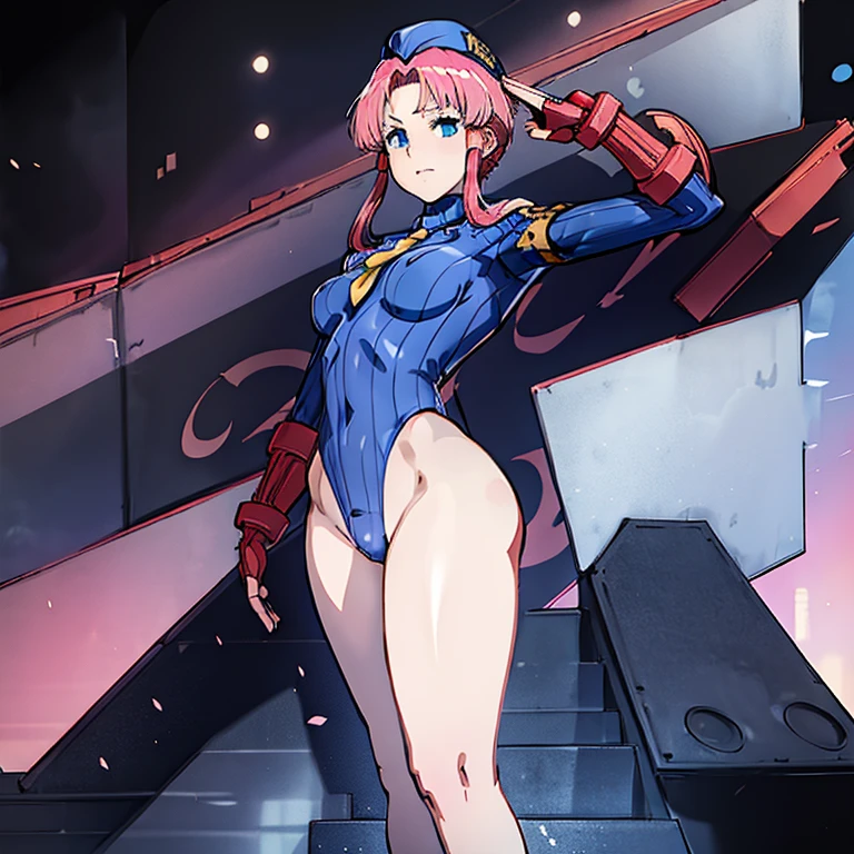 ultra-detailed, Explicit, Beautiful body, Beautiful Nose, Beautiful character design, perfect eyes, perfect face, ultra highres, 4K, beautiful legs, perfect legs, Nice hands, Perfect hand, Masterpiece, Best Quality, Highly detailed, illustration, absurdres, street fighter, doll suit, shadaloo doll, dollsuit, girls, multiple girls, expressionless, blank eyes, looking at viewer, red gloves, emotionless, black latex, corrution, mind control, female combatant, full body, hypnotized, unhappy trance, full body suit, ribbed bodysuit, both arms at side, stand up straight, obey, perfect female body, extremely glossy latex, hypnosis, hypnoLora, empty eyes, Mind control device, poses, submissive_pose, Slave, hat, necktie, stand up straight, standing, standing at attention, Slave, hat, necktie, belt, extending the right arm from the shoulder into the air with a straightened hand,  saluting, military, military saluting, salute, latex, ribbed bodysuit, pink hair, blue eyes, long hair, Mizunashi Akari, Aria