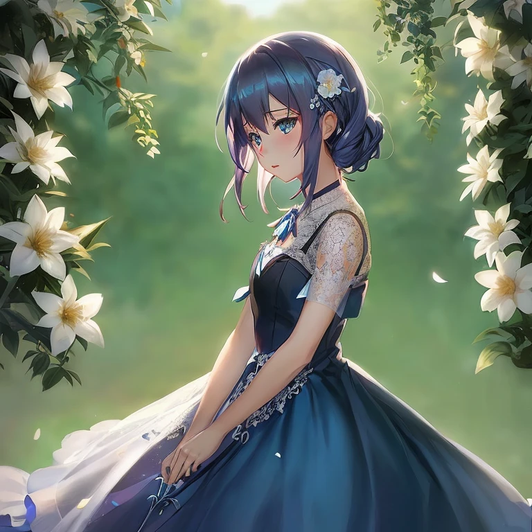 anime girl in a blue dress with a flower in her hair, in dress, Fubuki, guweiz on pixiv artstation, guweiz, Rin, Official art, guweiz on artstation pixiv, anime moe art style, Anime visuals of cute girls, made with anime painter studio, loliCute anime waifu in a nice dress