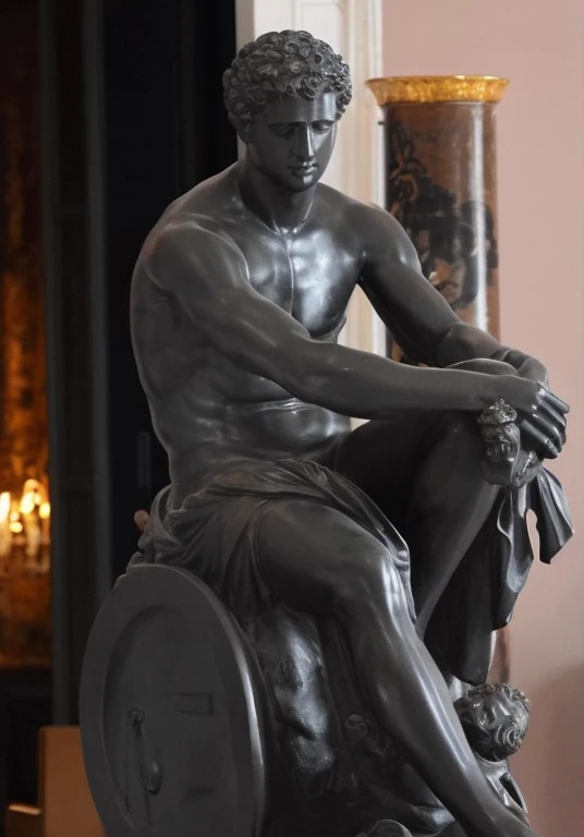 Statue of a man Fede sitting on a wheel,The background is a vase, Bronze statue, a statue, a bronze sculpture, statues, bronze statue and silver, Escultura, classic sculpture, classical statue, greco roman statue, Sculptures on display, Greek statues, inspired by Horatio McCulloch, Inspired by Augustus Earl, sit in his chair. iintricate