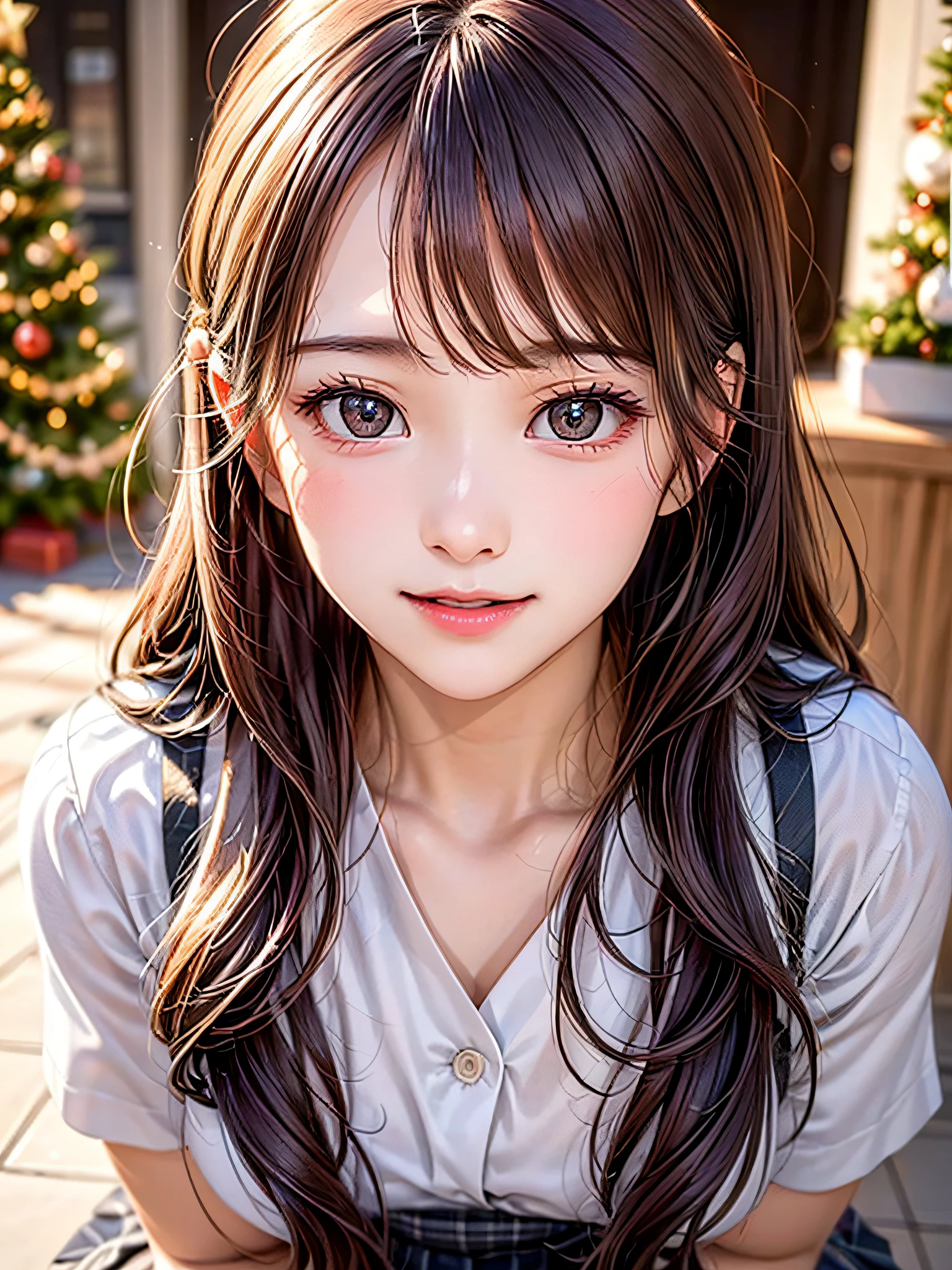 (2girls:1.4), Extremely cute, amazing face and eyes beautiful nice smile), (extremely detailed beautiful face), bright and shiny lips, (School uniform, Pleated skirt:1.3), (Best Quality:1.4), (hyper quality), (Ultra-detailed), (Hyper-realistic, Photorealsitic:1.37), Authentic skin texture, intricate-detail, extremely detailed CG unified 8k wallpaper, RAW Photos, professional photograpy, Cinematic lighting, Exposing, Christmas tree, Christmas Ornaments, Christmas Decorations, Christmas Lights, Christmas Lights,