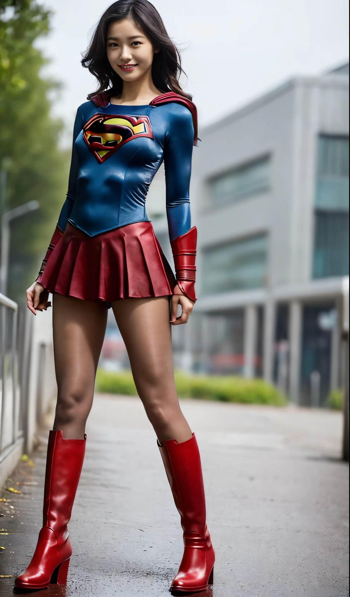 (((Wear black tights on your beautiful legs.)))、(((Grow legs、tall、Legally express the beauty of your smile)))、((((Make the most of the original image)))、(((Supergirl Costume)))、(((beautiful hairl)))、(((Suffering)))、(((Feet must necessarily be worn with black tights)))、(((You need to wear red boots)))、((Top image quality、8K))、((top-quality、8K、masterpiece:1.3))、(((Keep Background )))、Crisp focus:1.2、Beautiful woman with perfect body shape:1.4、Slender Abs:1.2、a wet body:1.5、Highly detailed facial and skin texture、8K