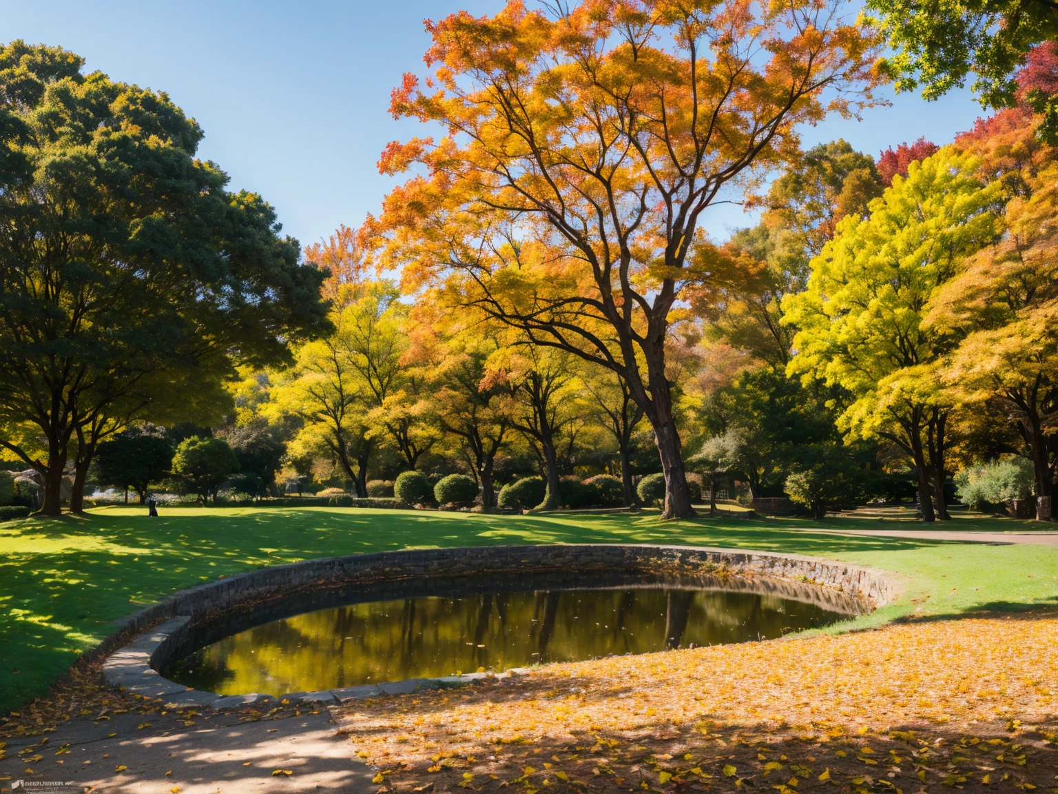 best quality,4k,8k,highres,masterpiece:1.2,ultra-detailed,realistic,photorealistic:1.37,Autumn scenery,Old English park,antique benches and lamps,A sunny day,nostalgic atmosphere,falling leaves,crisp air,rustling sounds,natural beauty,serenity,tranquility,autumn colors,vibrant hues,soft sunlight,beautiful tree-lined paths,breathtaking landscapes,colorful foliage,fallen leaves covering the ground,playful squirrels,golden sunlight filtering through the trees,whispering breeze,rays of sunlight creating a magical atmosphere,leaves gently floating in the air,peaceful ponds reflecting the autumn sky,quiet corners for contemplation,majestic ancient trees standing tall,scenic bridges connecting different parts of the park,leisurely strolls along winding pathways,joyful laughter of children enjoying the outdoors,old statues and sculptures adding a touch of history and art,lively ducks swimming in the ponds,artists capturing the essence of autumn,delightful aroma of freshly fallen leaves,hint of nostalgia in the air,a perfect spot for picnics and afternoon tea,sparkling dewdrops on the grass,crimson and orange hues blending harmoniously,heartwarming atmosphere that embraces the changing season,an invitation to slow down and appreciate the beauty of nature.