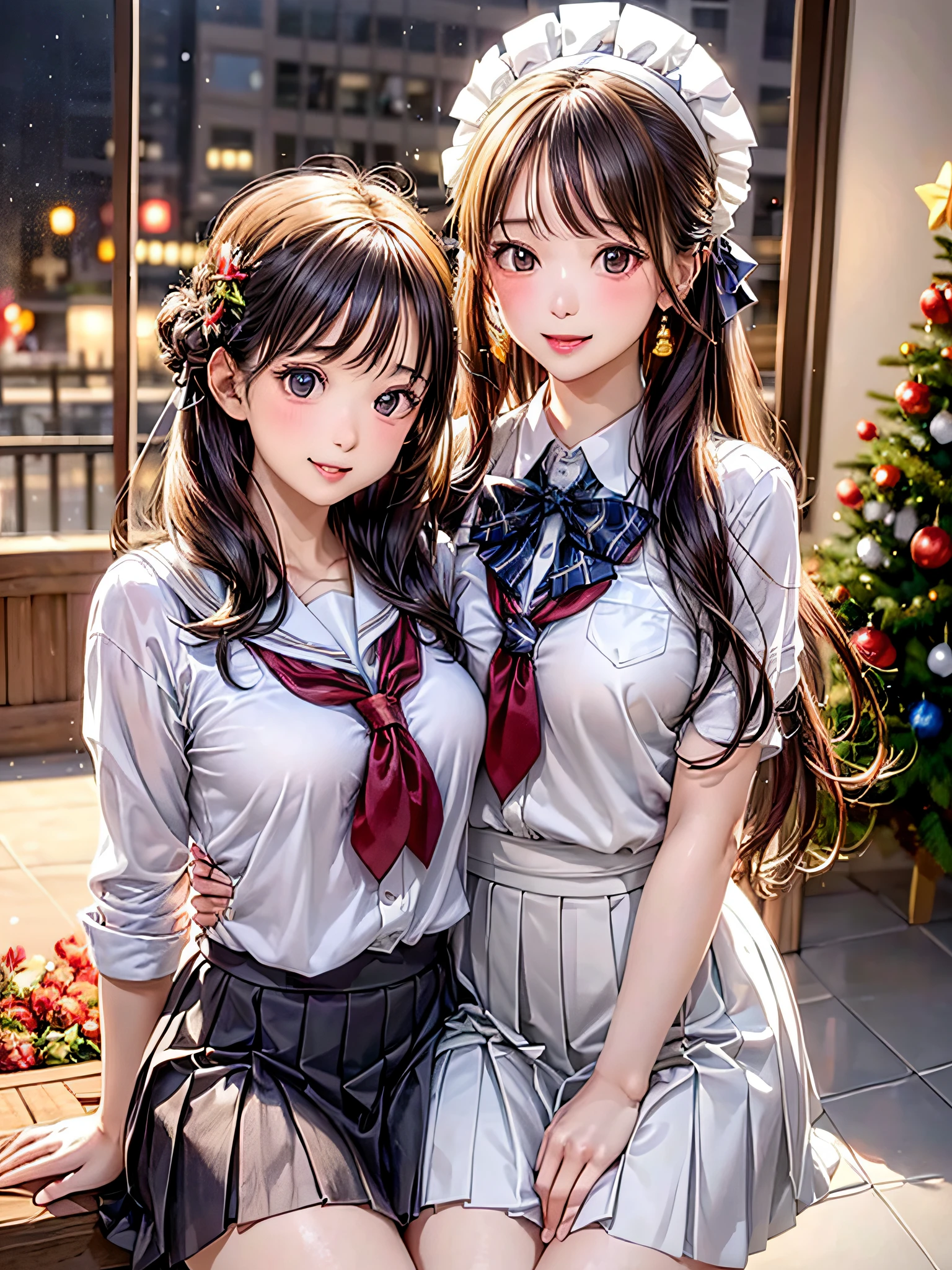 (2girls:1.4), Extremely cute, amazing face and eyes beautiful nice smile), (extremely detailed beautiful face), bright and shiny lips, (School uniform, Pleated skirt:1.3), (Best Quality:1.4), (hyper quality), (Ultra-detailed), (Hyper-realistic, Photorealsitic:1.37), Authentic skin texture, intricate-detail, extremely detailed CG unified 8k wallpaper, RAW Photos, professional photograpy, Cinematic lighting, Exposing, Christmas tree, Christmas Ornaments, Christmas Decorations, Christmas Lights, Christmas Lights,