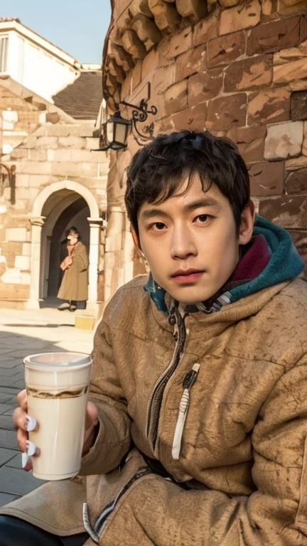 An arafe man having coffee in front of the castle, jinsung lim, taken in the early 2020s, eichiro oda, andy park, sangsoo jeong, joongwon jeong, hiromasa ogura, Ron English and Eiichiro Oda, Takeyuki Kanda, junichi oda, joongwon charles jeong