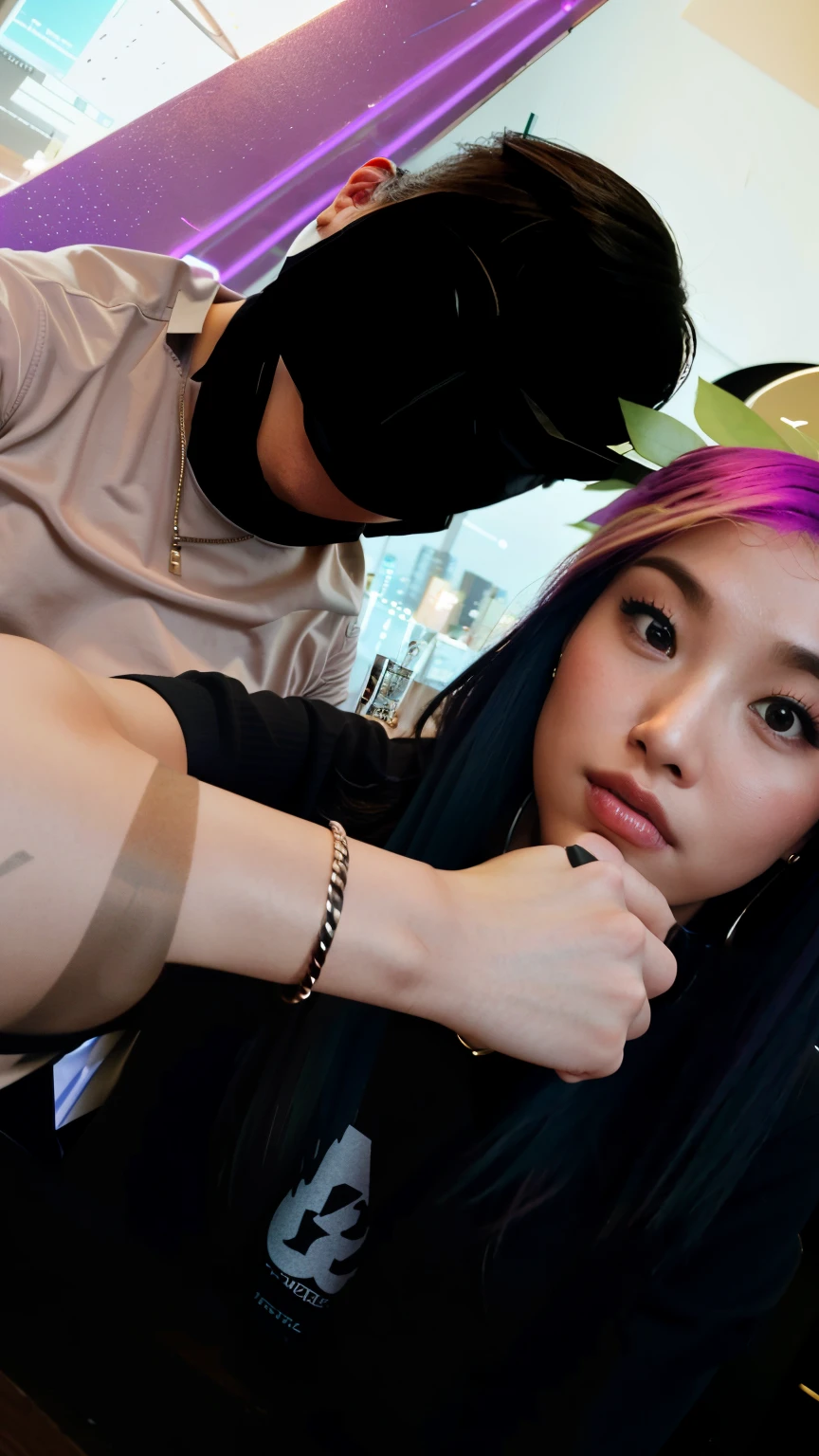 they are sitting at a table in a restaurant with a purple light, in a nightclub, jordan grimmer and natasha tan, in a bar, chillin at the club together, at a bar, photo taken in 2 0 2 0, sitting at a bar, 8k selfie photograph, at future neon light rooftop, low quality photo, tyler edlin and natasha tan