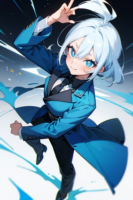 A 165cm tall Japanese girl with short, extremely messy blue-white hair, pure white, long eyelashes and bright blue pupils. She's posing in mid-air, as if taking a professional photoshoot. She's holding up one hand in a peace sign while winking and sticking out her tongue. She's wearing a black formal suit without the tie and also black, formal pants but she's wearing black, brand-name runners and crew-cut socks. She has quite a tomboyish appearance, being pretty and feminine while also being handsome and masculine.