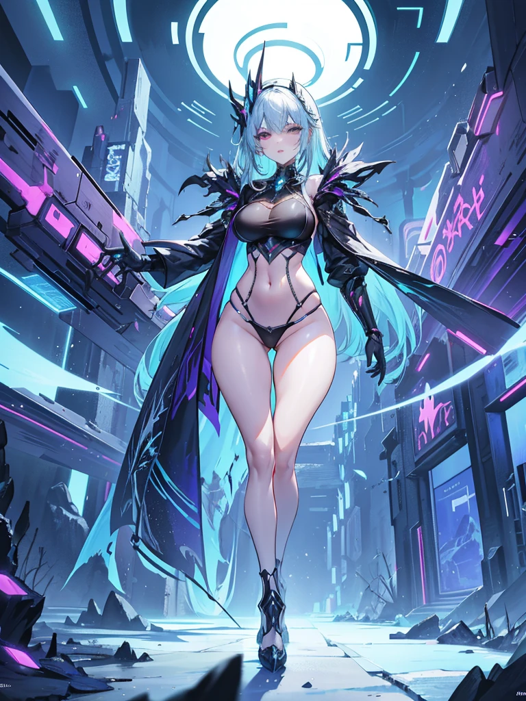 solo, 1female, (long legs, thick thighs, narrow waist:1.3, wide hips:1.4), sexy mature female, thick lips, (detailed face, detailed body, futuristic, arcane, bioluminescent, tech, crystalline, metallic, flora, glyphs, plantlife, circuits, neon, mystic, technology, ruin, magic, cyber, ancient, stark contrast, detailed background, scenic composition).