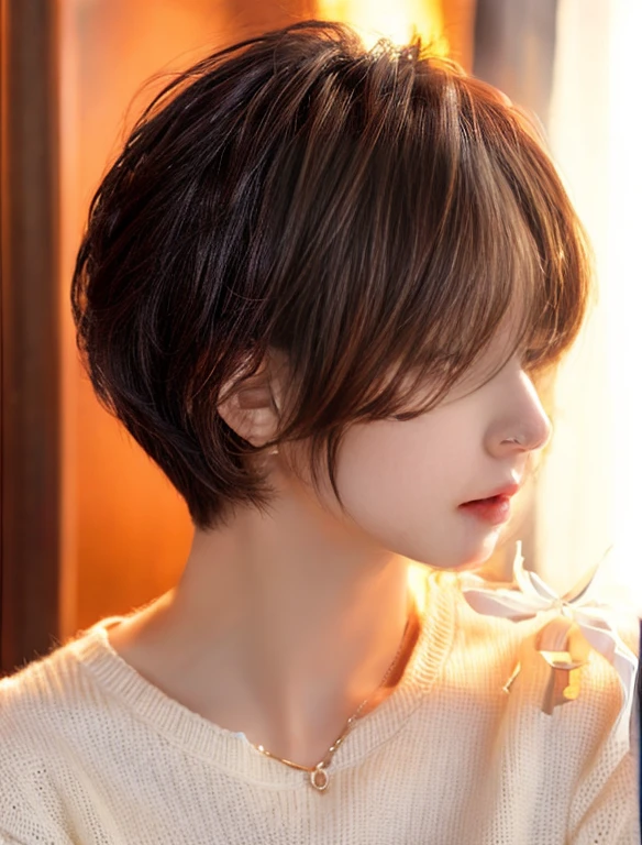 White knitted sweater、A dark-haired、Dark hair color、short-cut、Natural hair color